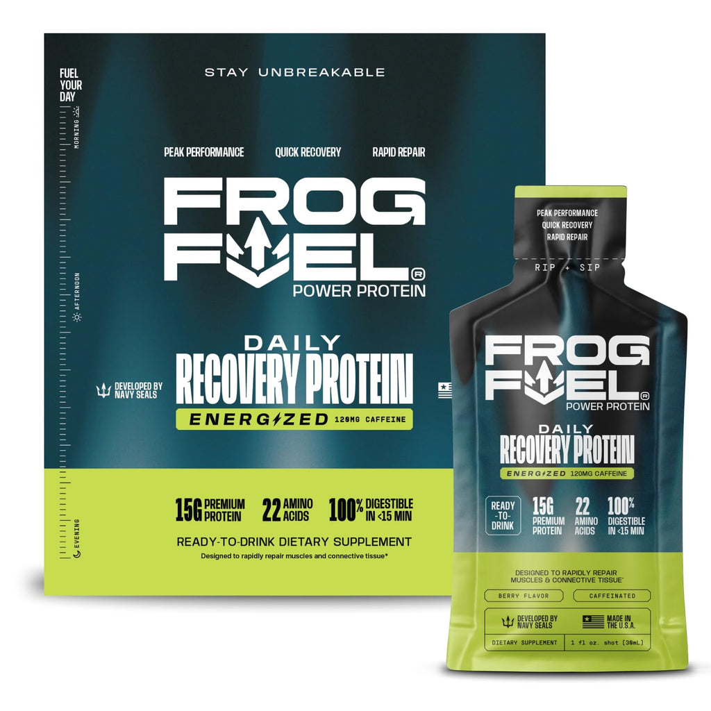 Frog Fuel Power Energized Complete Protein Shot, 15g, Nano Hydrolyzed & Grass Fed, 80mg Caffeine, Gluten Free, Fat & Sugar Free, 22 Amino Acids,