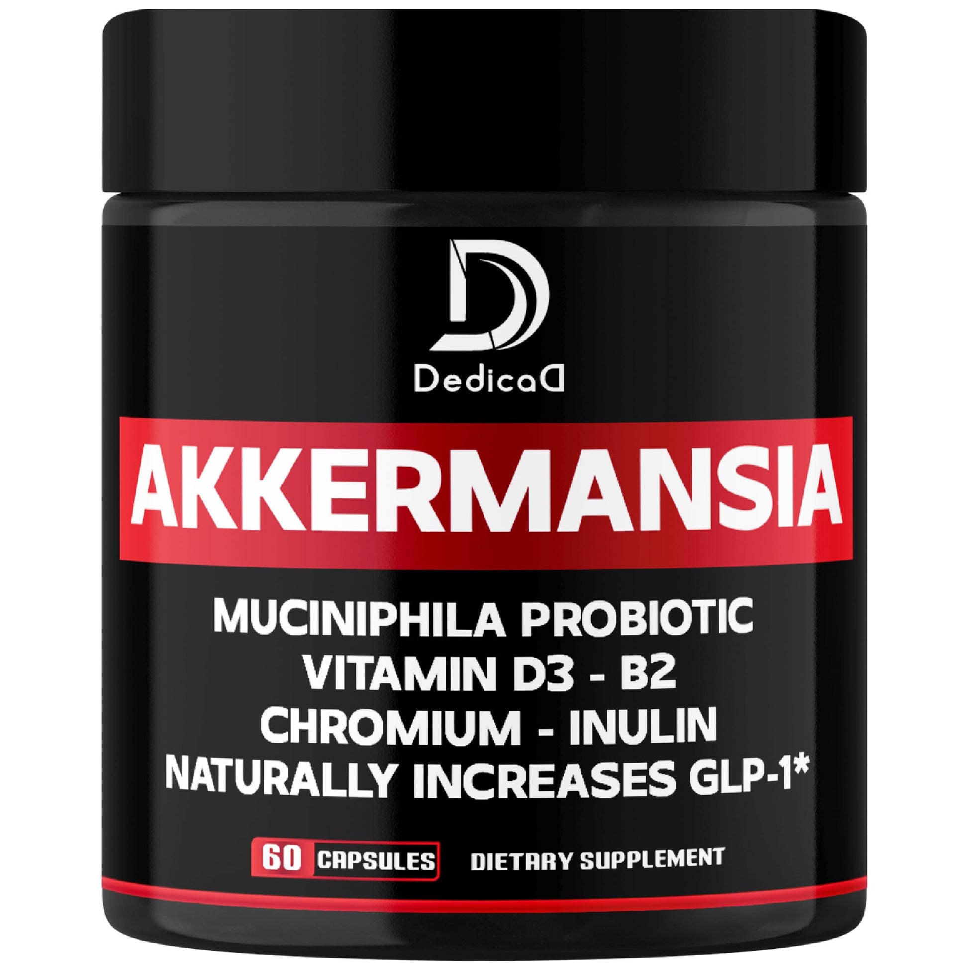 DedicaD Akkermansia probiotic supplement container on a white background