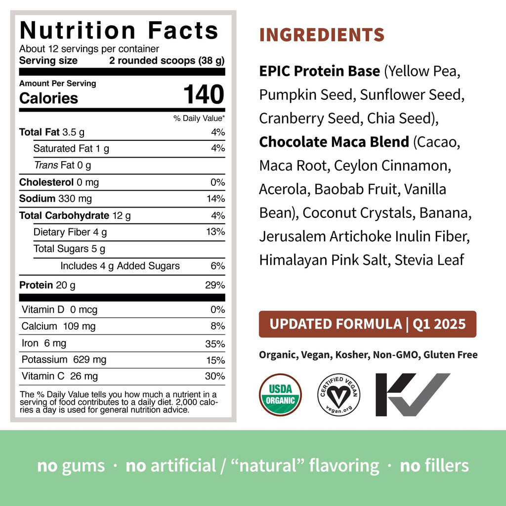 Sprout Living Epic Protein, Plant Based Protein & Superfoods Powder, Chocolate Maca Powder | 20 Grams Organic Protein Powder, Vegan, Non Dairy, Non-GMO, Gluten Free