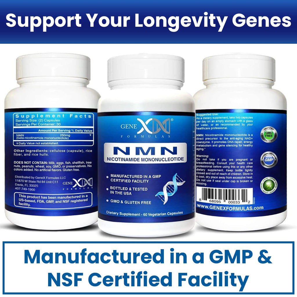 Genex Formulas NMN 250mg - Stabilized Form (60 Capsules), 99% Pure Supplement Capsules for Increased NAD Levels, DNA Repair