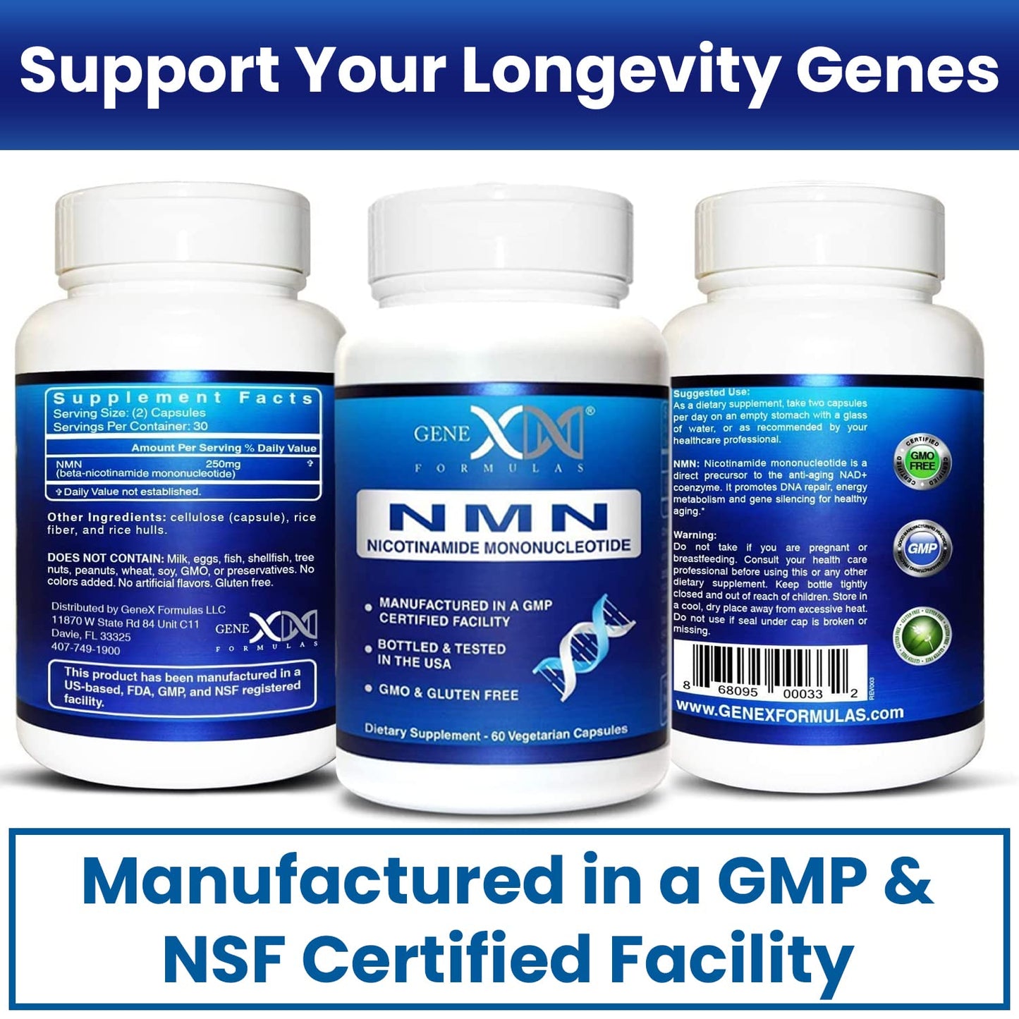 Genex Formulas NMN 250mg - Stabilized Form (60 Capsules), 99% Pure Supplement Capsules for Increased NAD Levels, DNA Repair