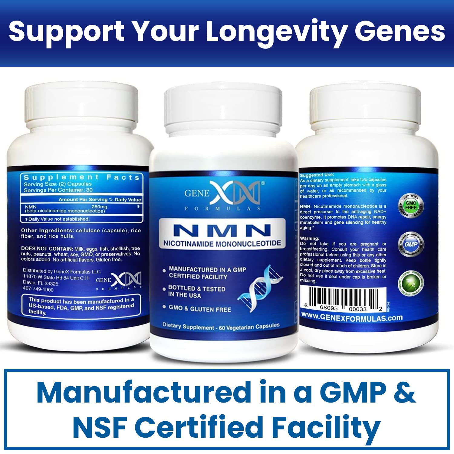 Genex Formulas NMN 250mg - Stabilized Form (60 Capsules), 99% Pure Supplement Capsules for Increased NAD Levels, DNA Repair