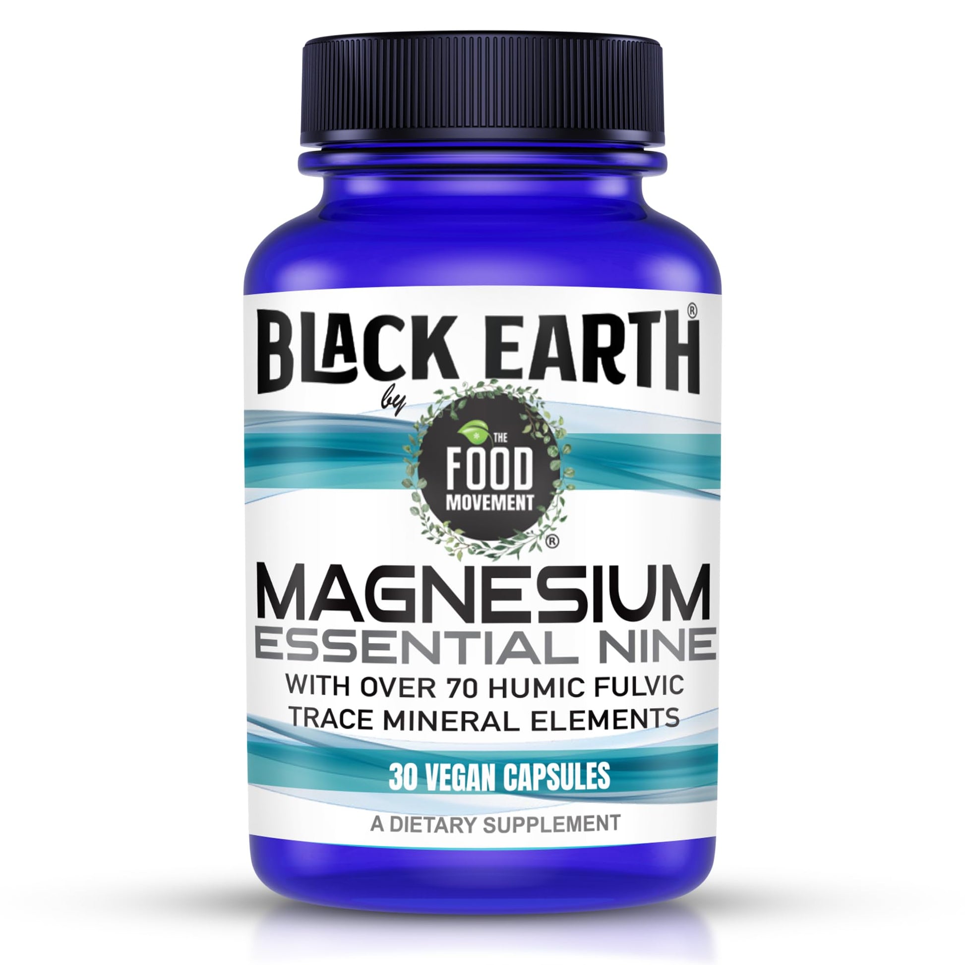 Supplement bottle labeled 'Black Earth by the Food Movement' on a white background