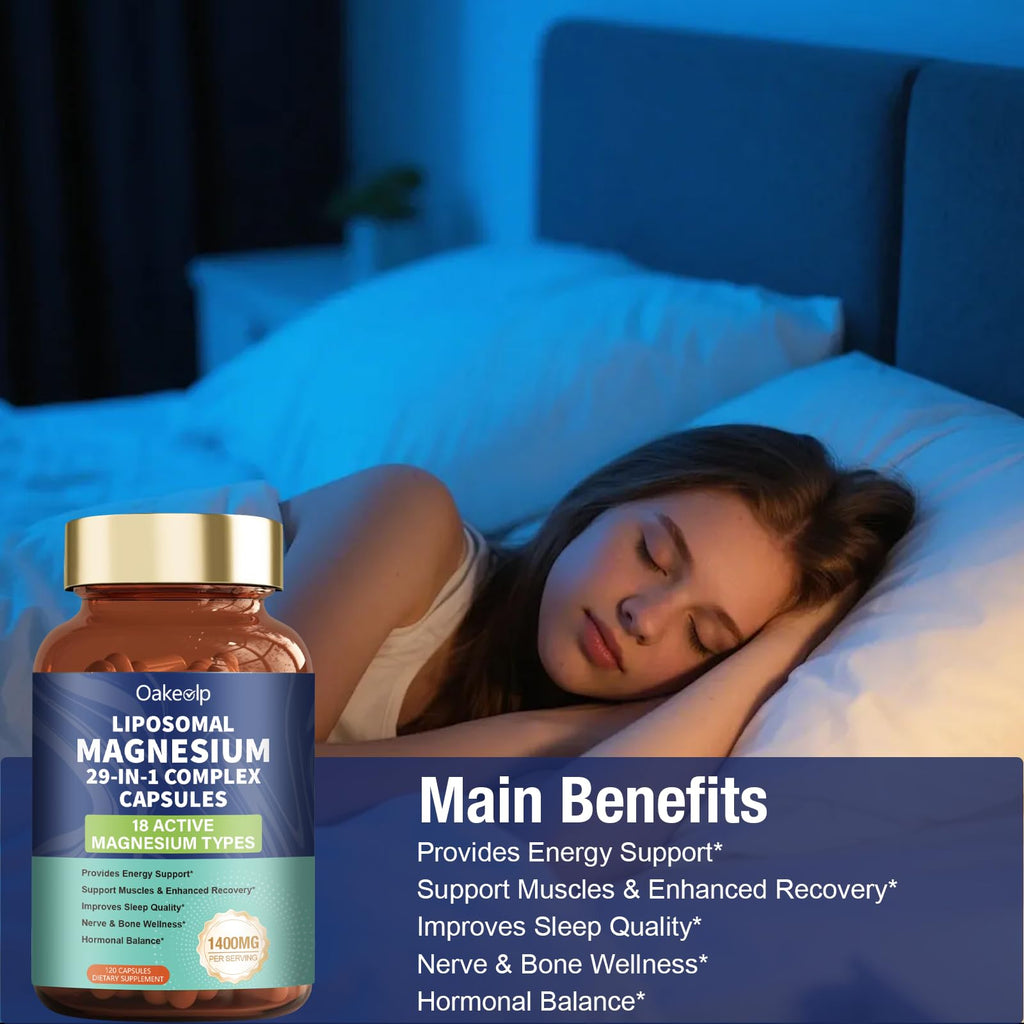 29-in-1 Liposomal 18 Active Types Magnesium Complex 1400MG Capsule,L-Threonate Glycinate Malate etc,Mild & Efficient,Extra Vitamin B6 B12 D3K2 & CoQ10, Relaxation Nerve* & Hert* Support Oakevlp buy supplements Au