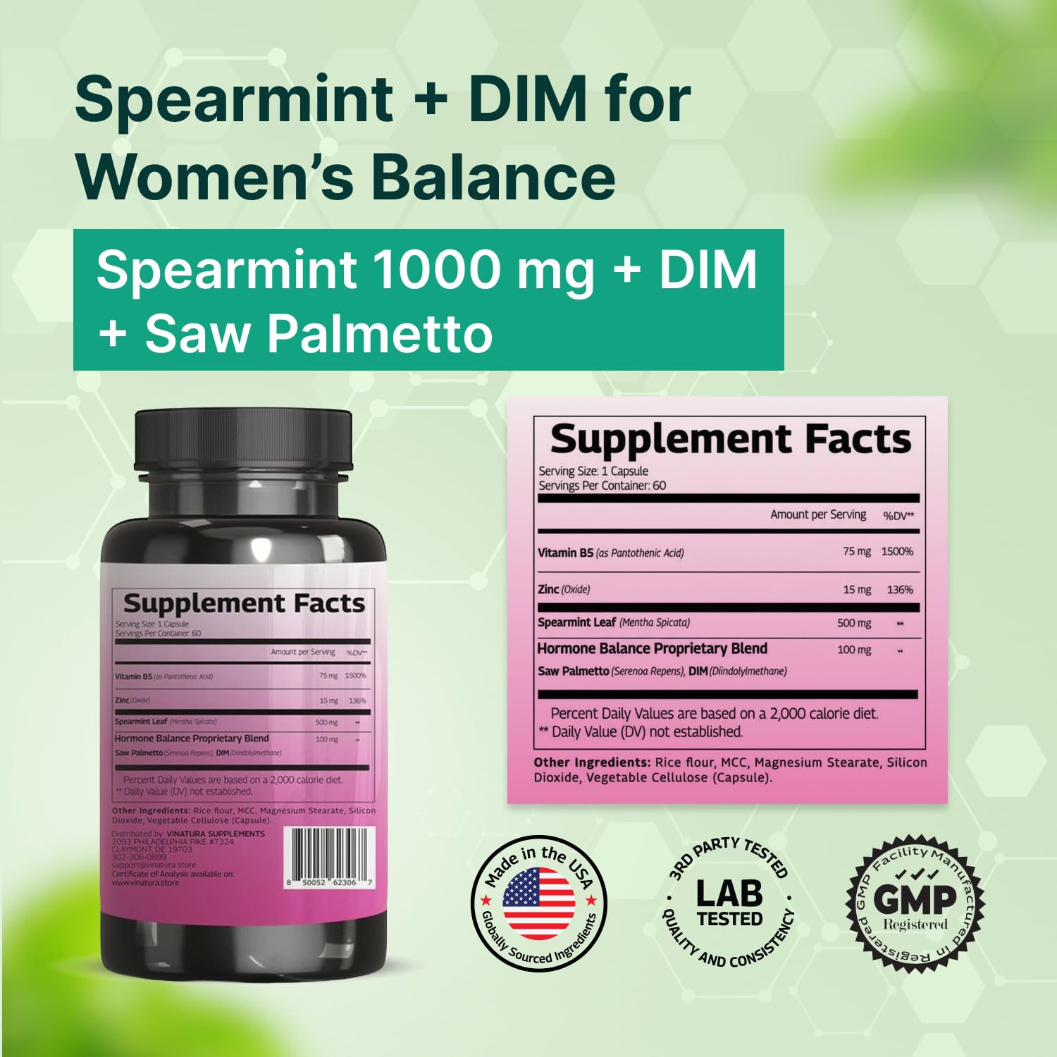 VINATURA Spearmint Leaf Capsules Supplement - Enhanced with DIM & Saw Palmetto, for Unwanted Hair, Women' Health & Skin *USA Made & Tested* - 1380mg/serving, 60 Capsules (30 Servings) VINATURABuy Supplements Australia