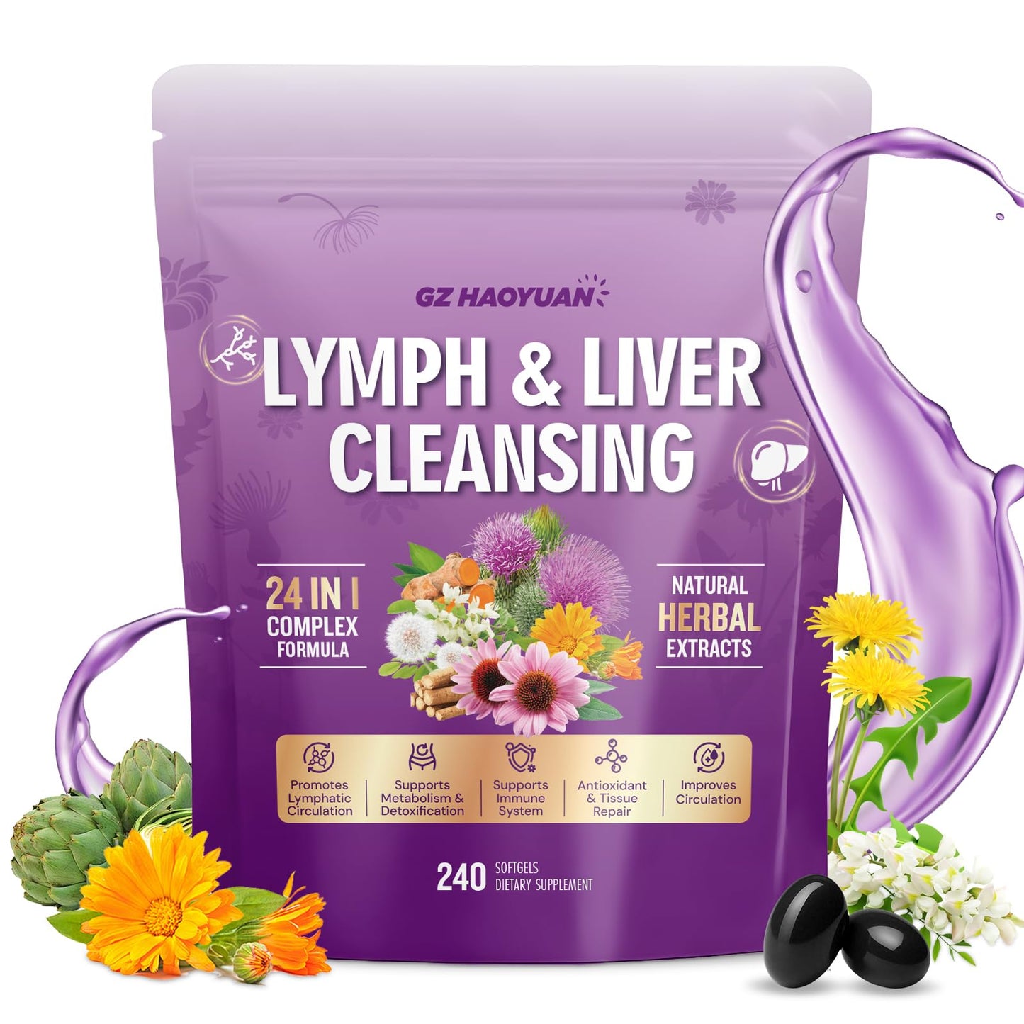 Lymphatic Drainage Supplement, Liver Cleanse Detox & Repair, 24-in-1 Herbal Blend with Echinacea, Dandelion, Burdock, Bromelain, Calendula, Turmeric - Lymph System Support, Less Bloating, 240 Softgels GZ HAOYUAN buy supplements Au
