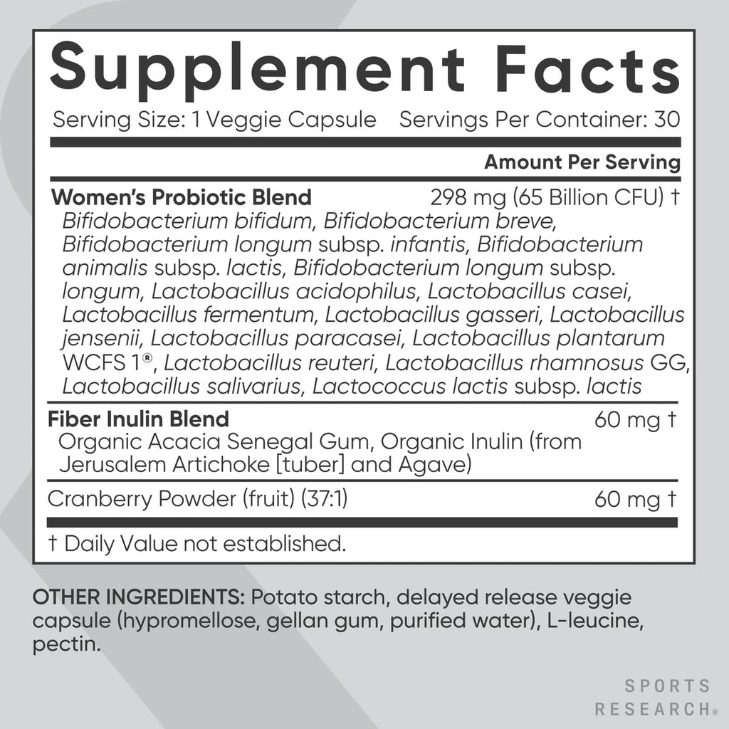 Sports Research Women's Probiotics with Prebiotics, 65 Billion CFU - Vegan Capsules for Gut Health & Digestive Support, Probiotics for Women with Cranberry - Non-GMO Verified & Gluten Free - 30 Count Sports Research buy supplements Au