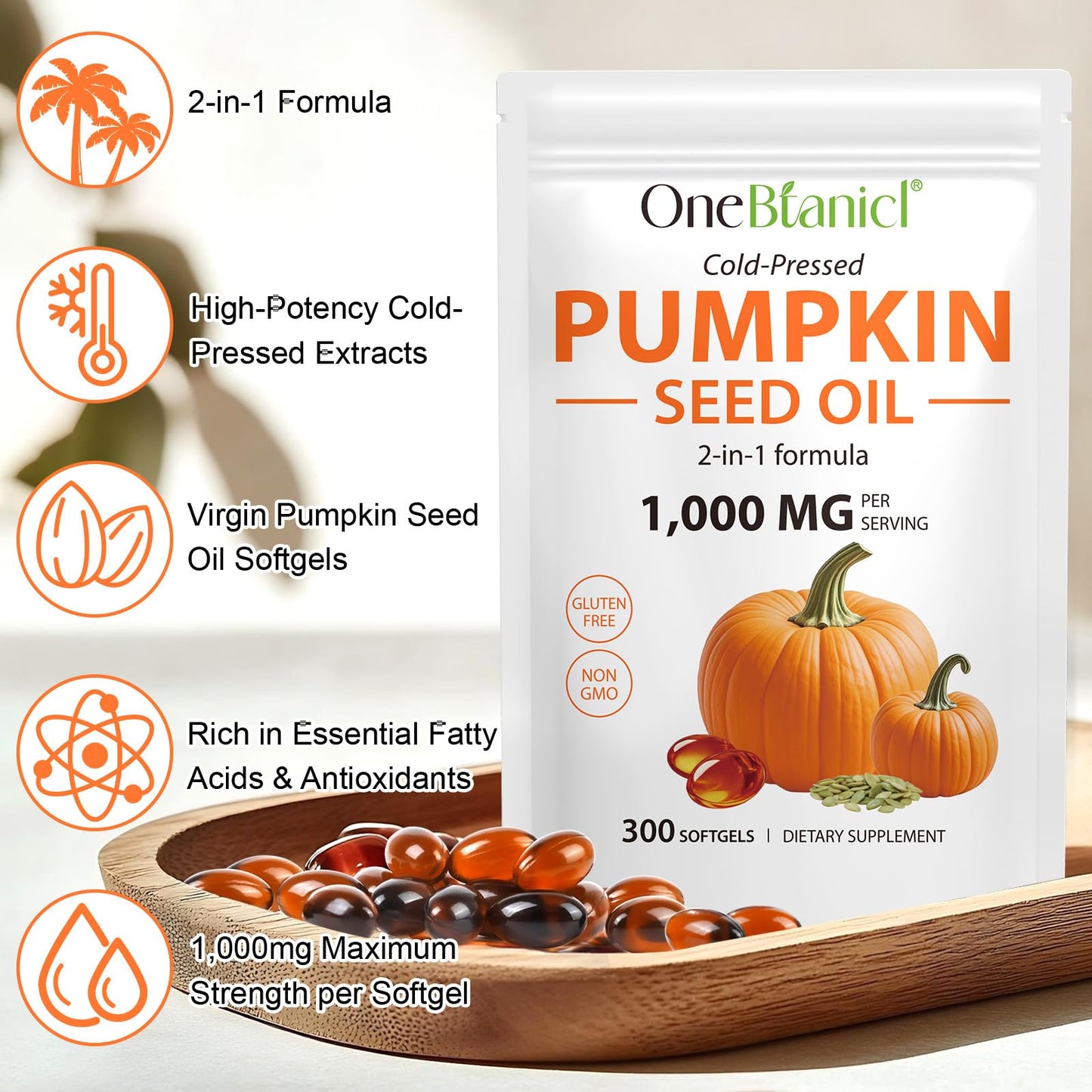 Pumpkin Seed Oil with Saw Palmetto, 1000mg per Serving, 300 Softgels – Cold Pressed Pumpkin Seed Oil Capsules for Hair, Prostate, Urinary & Bladder Health
