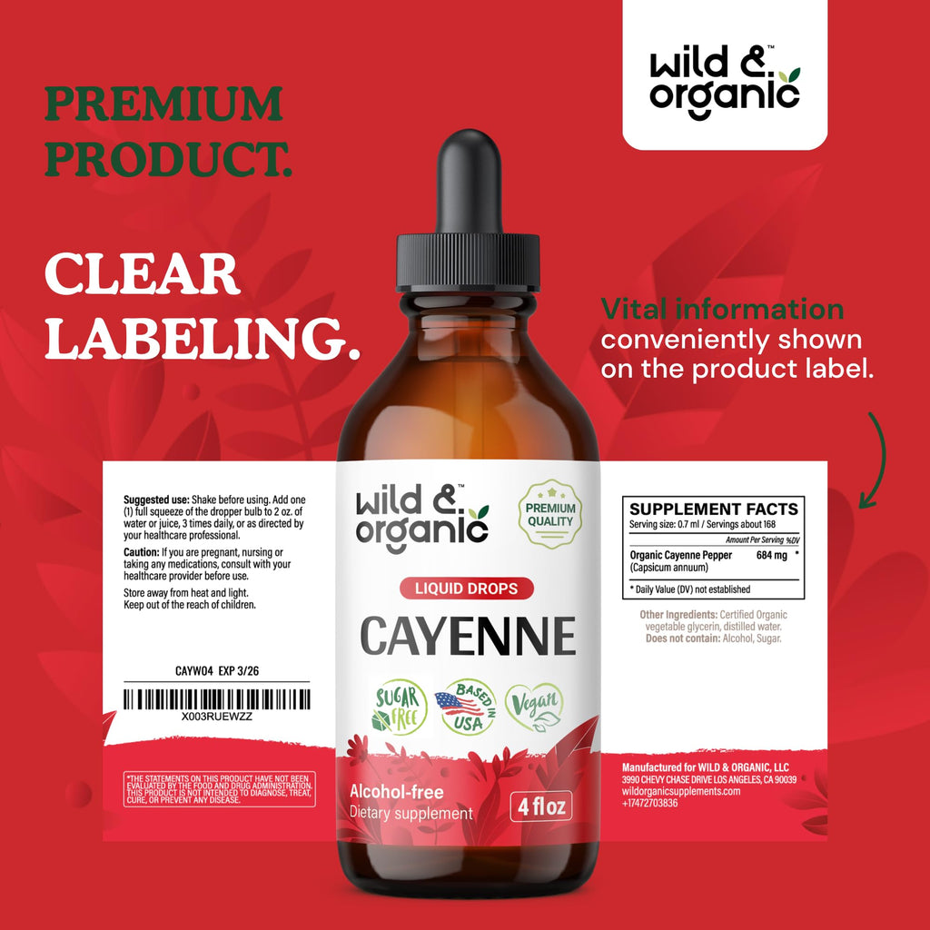 Wild & Organic Cayenne Pepper Tincture - Digestive Support with Capsaicin Extract - Cayenne Pepper Liquid Drops for Overall Well-Being - Unflavored, Vegan, Sugar & Alcohol-Free - 4 fl oz Wild & Organic buy supplements Au