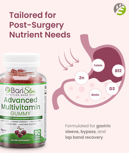BariSlim Advanced Bariatric Multivitamin Gummies - Specially Formulated Bariatric Vitamins for Patients After Weight Loss Surgery - Supports Energy & Immune Health | Cherry (90 Vegan Gummies) BariSlim buy supplements Au