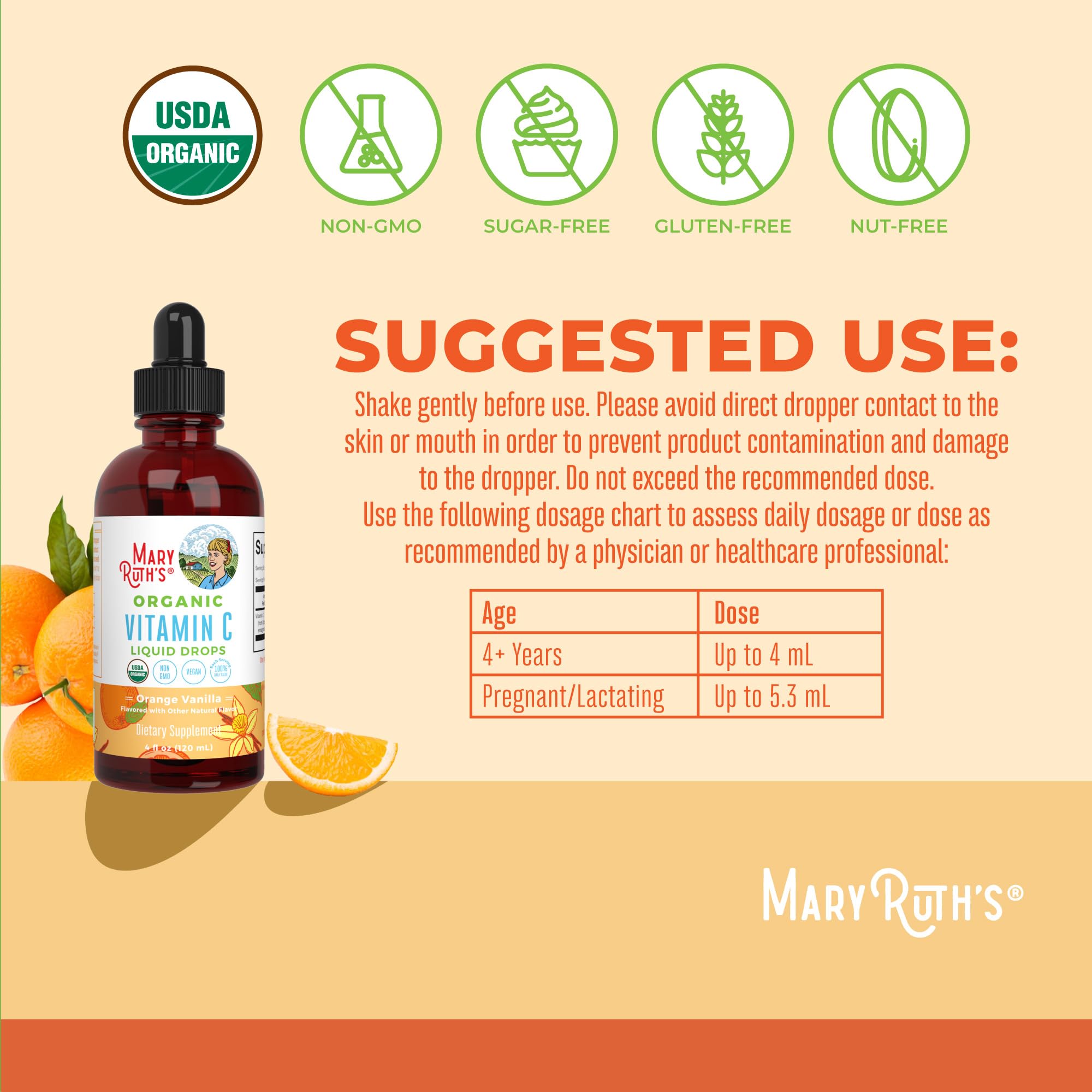 MARYRUTH'S Organic Vitamin C Supplement | Liquid Vitamin C Liquid Drops for Adults & Kids | Immune Support Supplement for Overall Health
