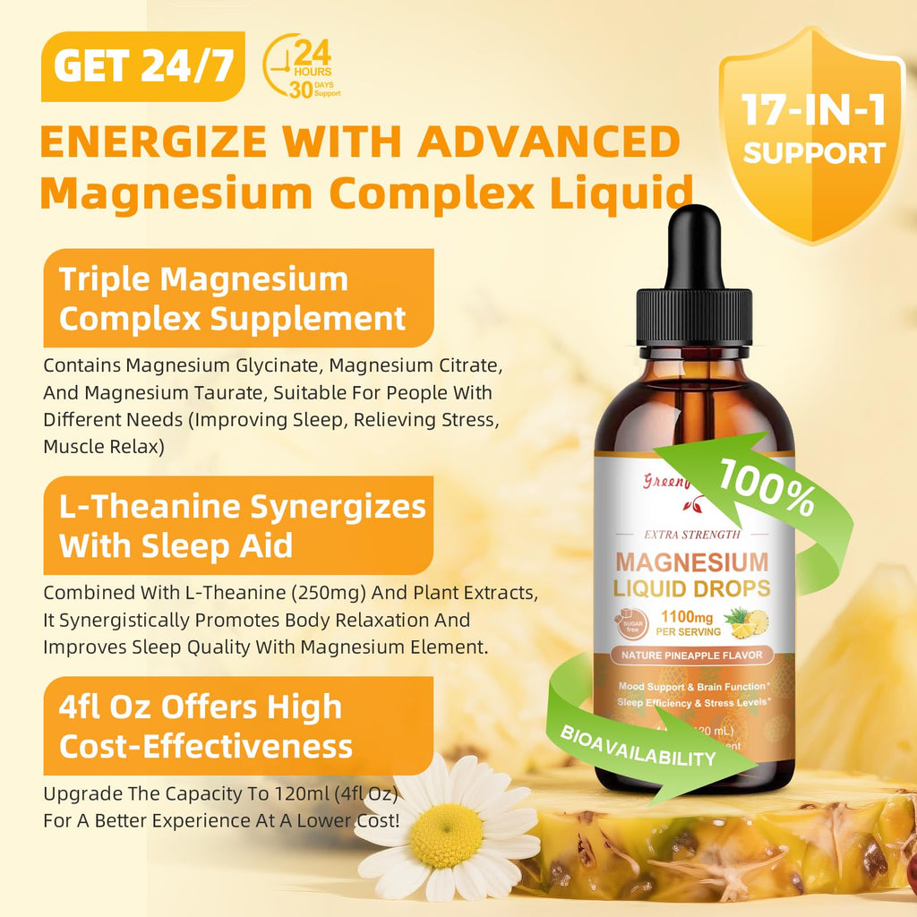 GREENPEOPLE 17-in-1 Triple Magnesium Complex Supplement,Magnesio Liquid Drops with Magnesium Glycinate & Citrate,Pineapple Flavor,Calm Mood,Muscle & Sleep for Adults,4 fl. oz 2Pack GREENPEOPLE buy supplements Au