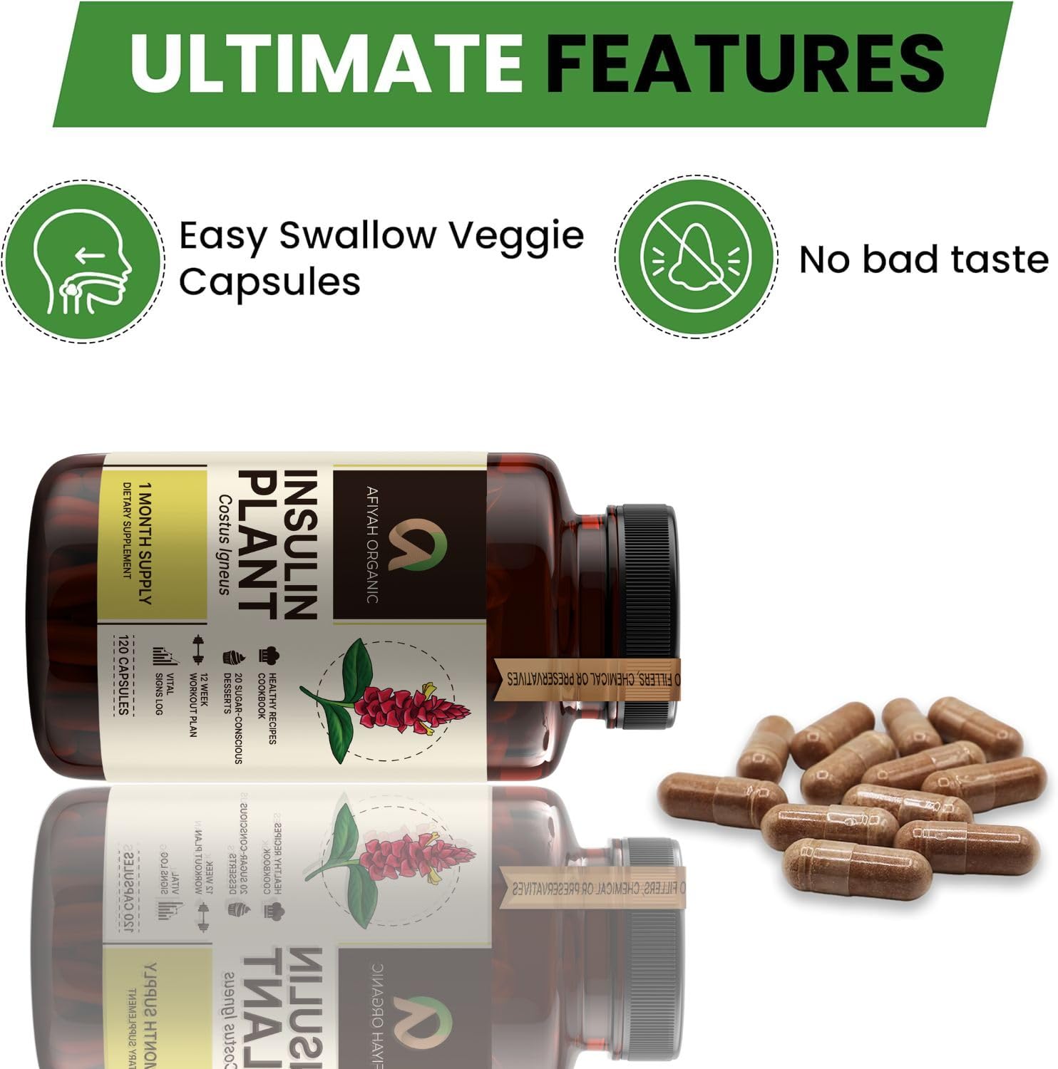Afiyah Organic - Premium Quality Costus Igneus (Insulin Plant) Capsules - Easy to Swallow 120 Veggie Capsules (1 Month Supply) - Made in the USA - Including Complete Health Support Program Afiyah Organic buy supplements Au