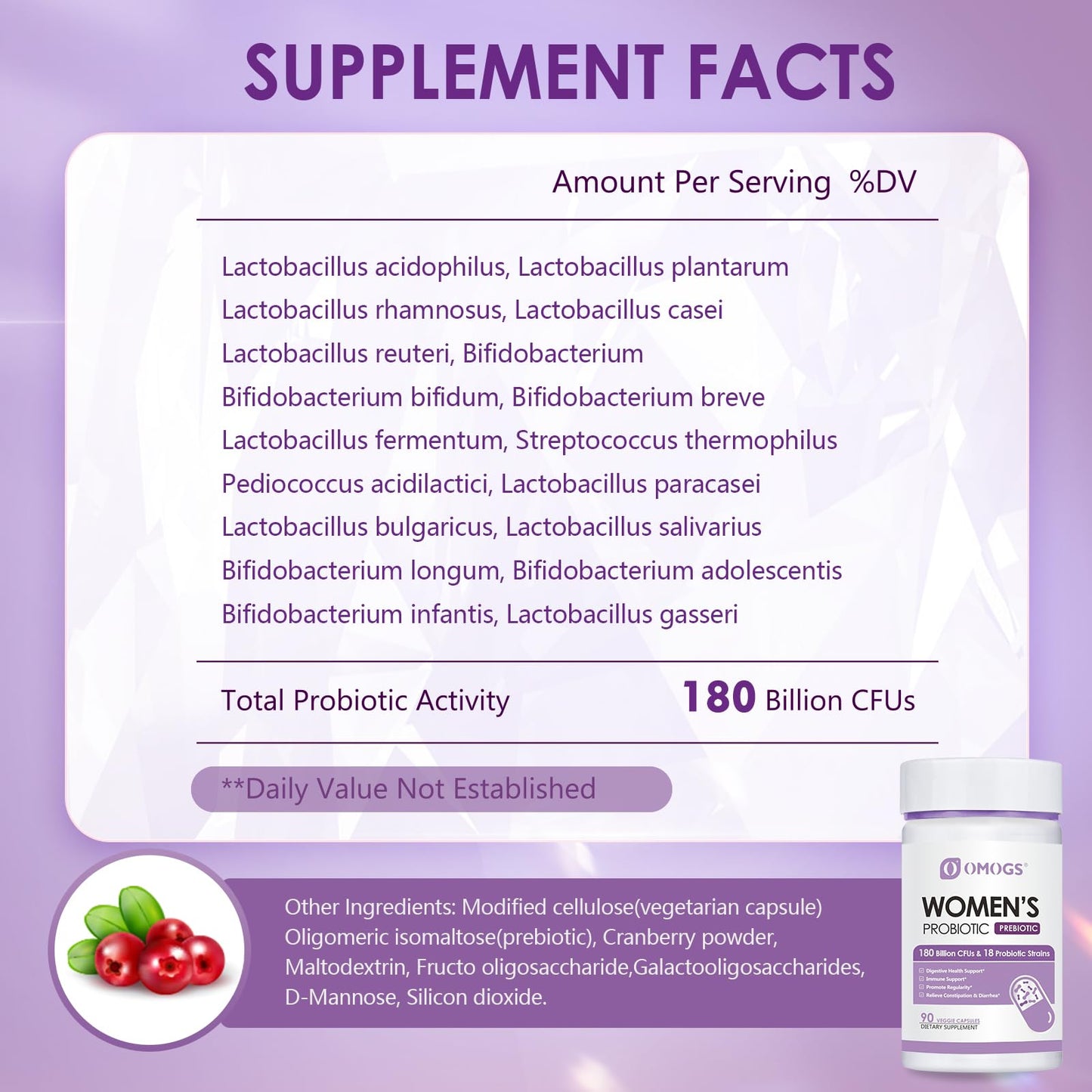 OMOGS Women's Probiotic 180 Billion CFUs 18 Strains, with Organic Prebiotics, Cranberry Extract, D-Mannose & Digestive Enzymes, for Digestive, Boost Immune,