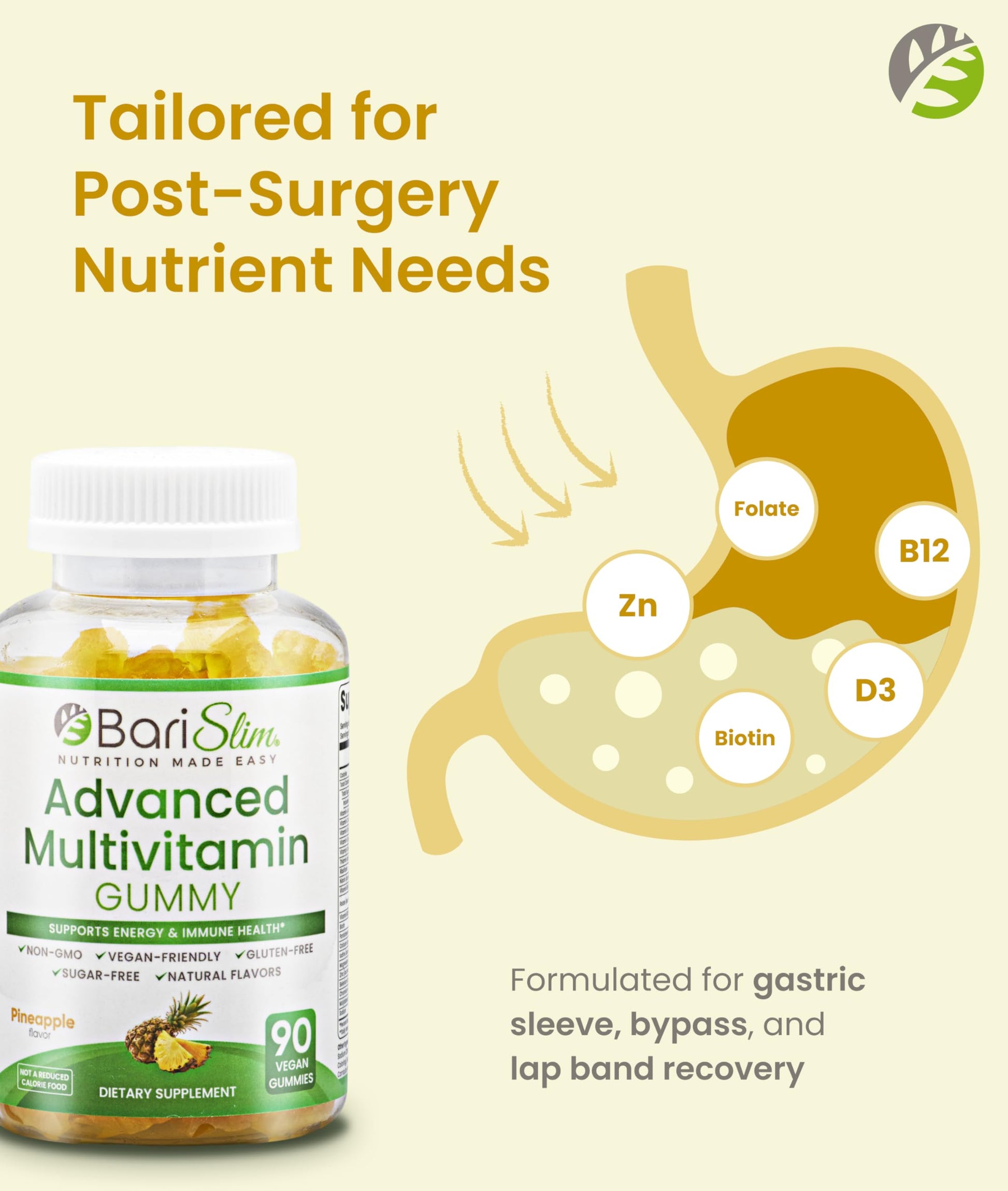 BariSlim Advanced Bariatric Multivitamin Gummies - Specially Formulated Bariatric Vitamins for Patients After Weight Loss Surgery - Supports Energy & Immune Health | Pineapple (90 Vegan Gummies) BariSlim buy supplements Au