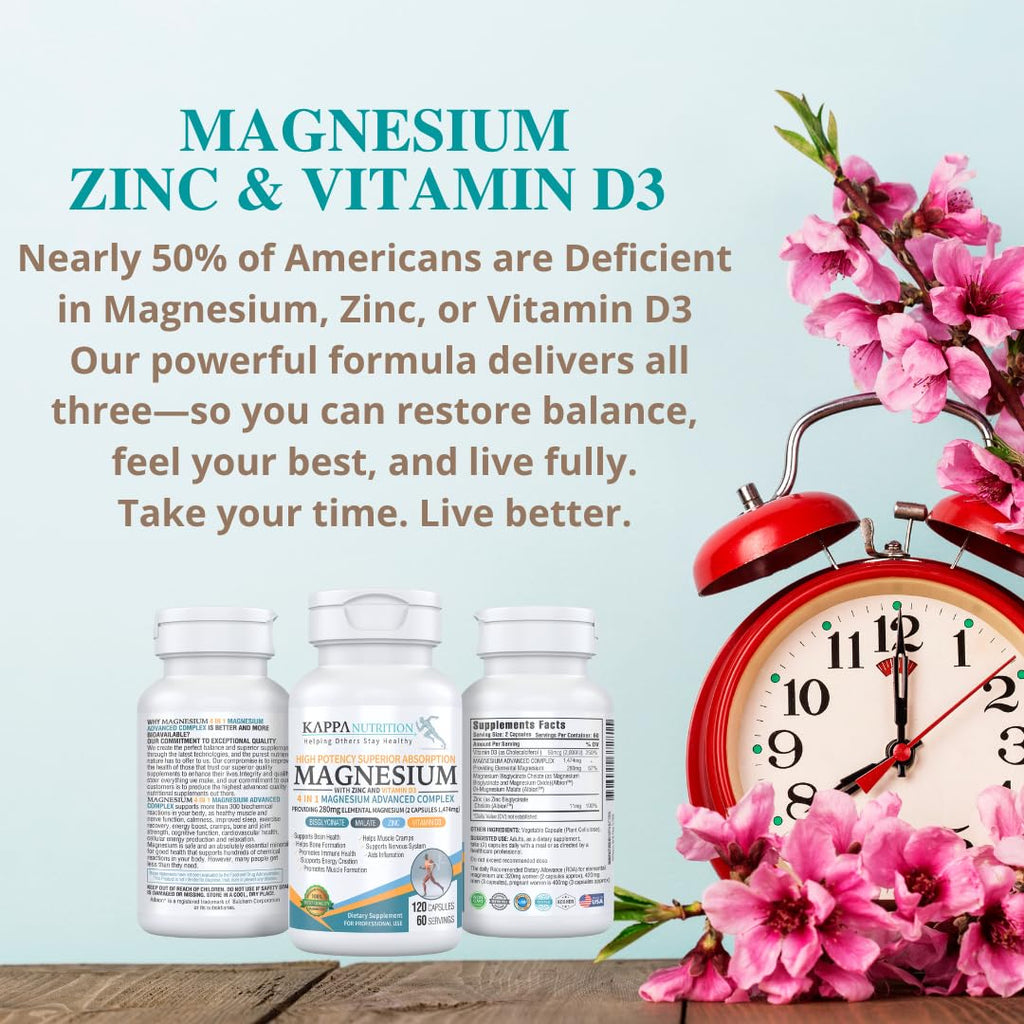 Kappa Nutrition Magnesium 4-in-1, 280mg Elemental Magnesium (Bisglycinate, Malate) + Zinc & Vitamin D3, Brain, Sleep, Energy, Muscle, Immune Support, 120 Vegan Capsules. KAPPA NUTRITION buy supplements Au