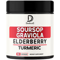 Supplement container with 'Dedica' brand featuring ingredients Soursop, Graviola, Elderberry, and Turmeric on a white background.