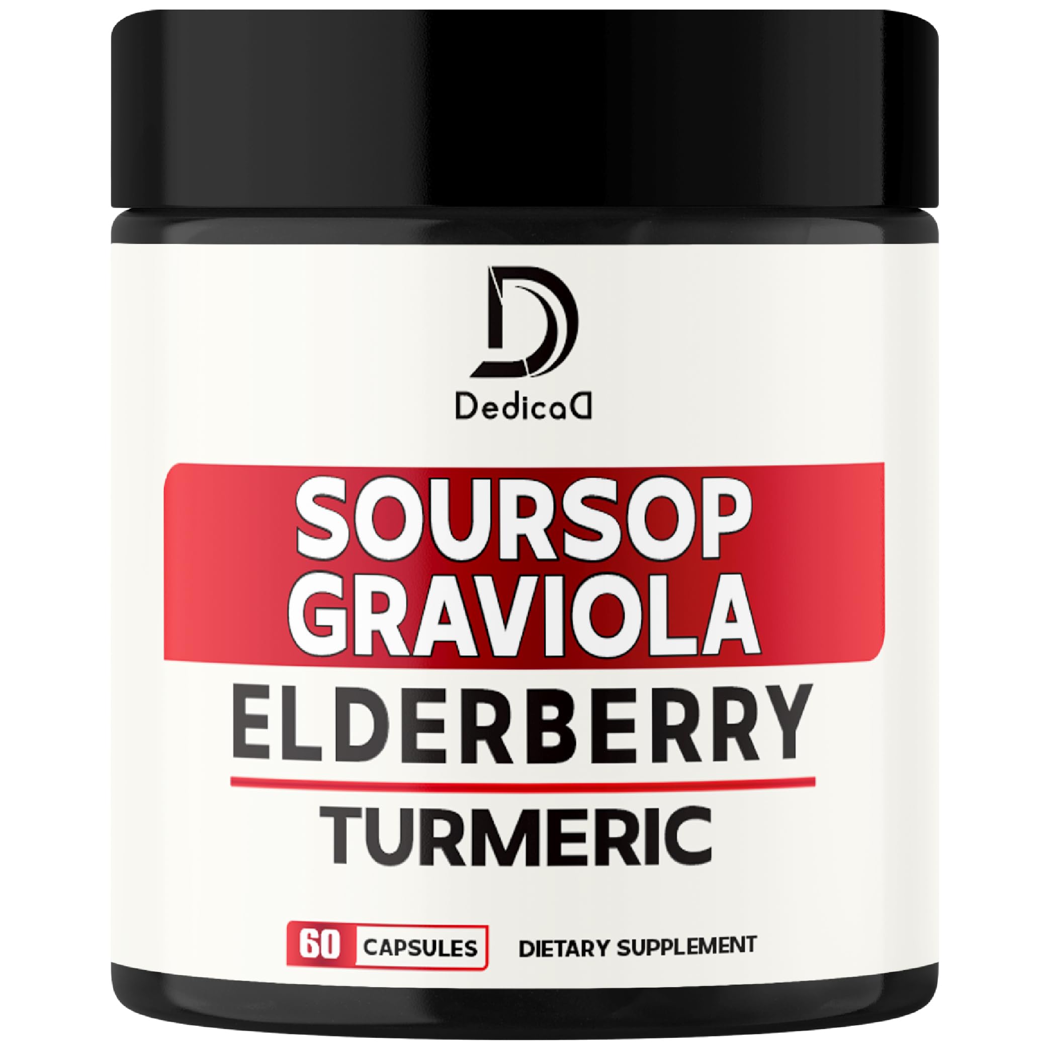 Supplement container with 'Dedica' brand featuring ingredients Soursop, Graviola, Elderberry, and Turmeric on a white background.