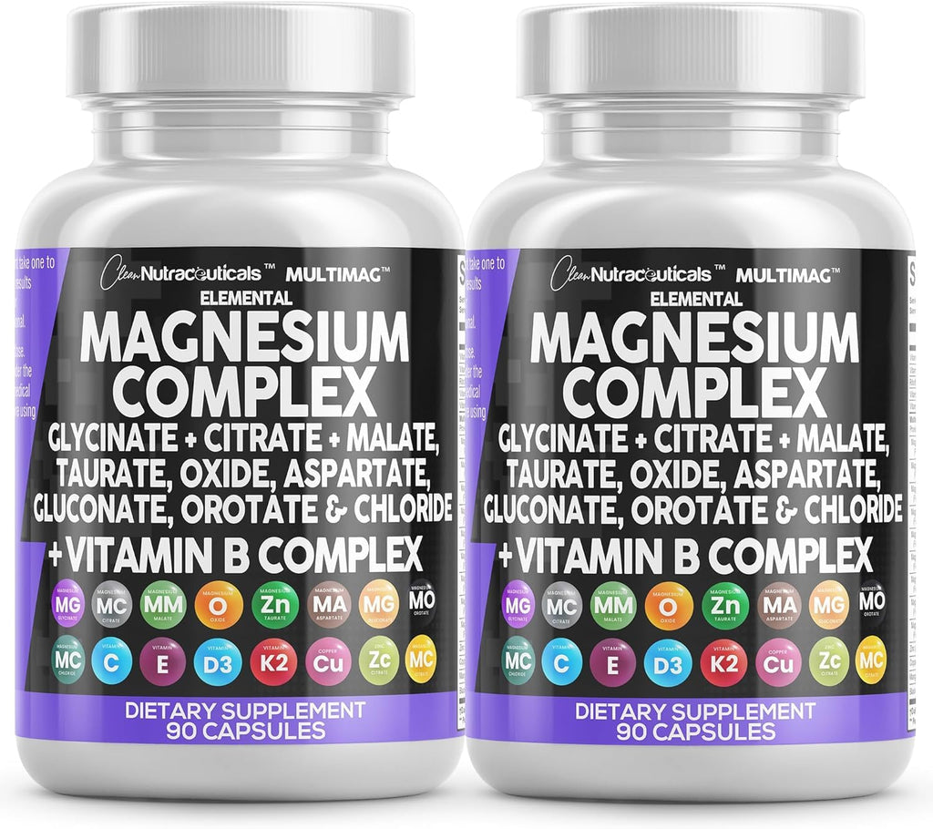 Two bottles of elemental magnesium complex dietary supplement with colorful labels on a white background.