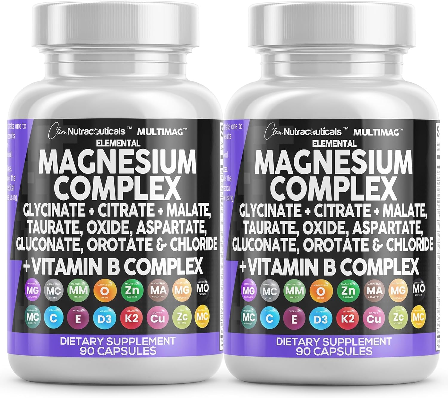 Two bottles of elemental magnesium complex dietary supplement with colorful labels on a white background.