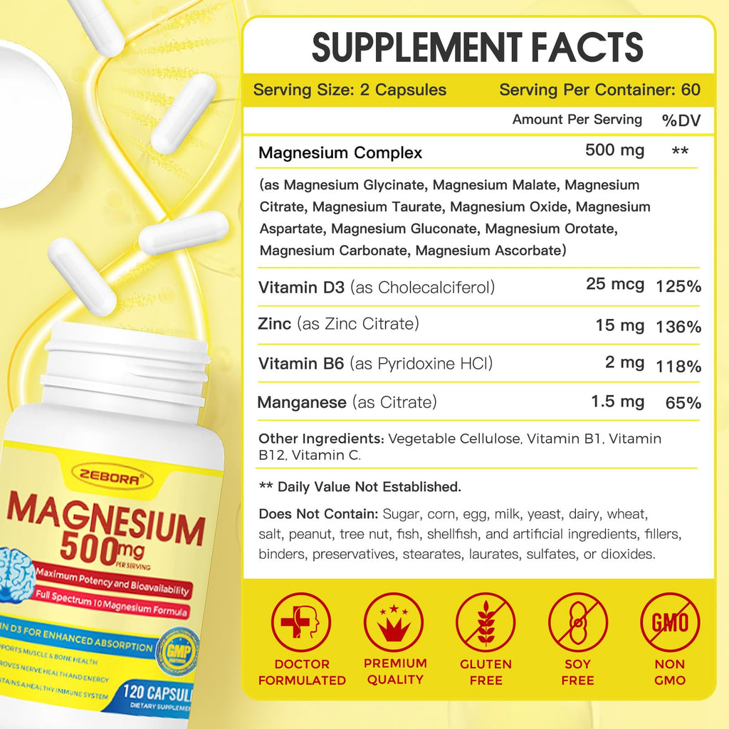 10-in-1 Magnesium Complex Supplement, Magnesium Glycinate 500mg with Citrate & Malate, Chelated High Absorption Plus Vitamin D3 & Zinc - for Nerve, Muscle & Bone Support - 120 Capsules ZEBORA buy supplements Au