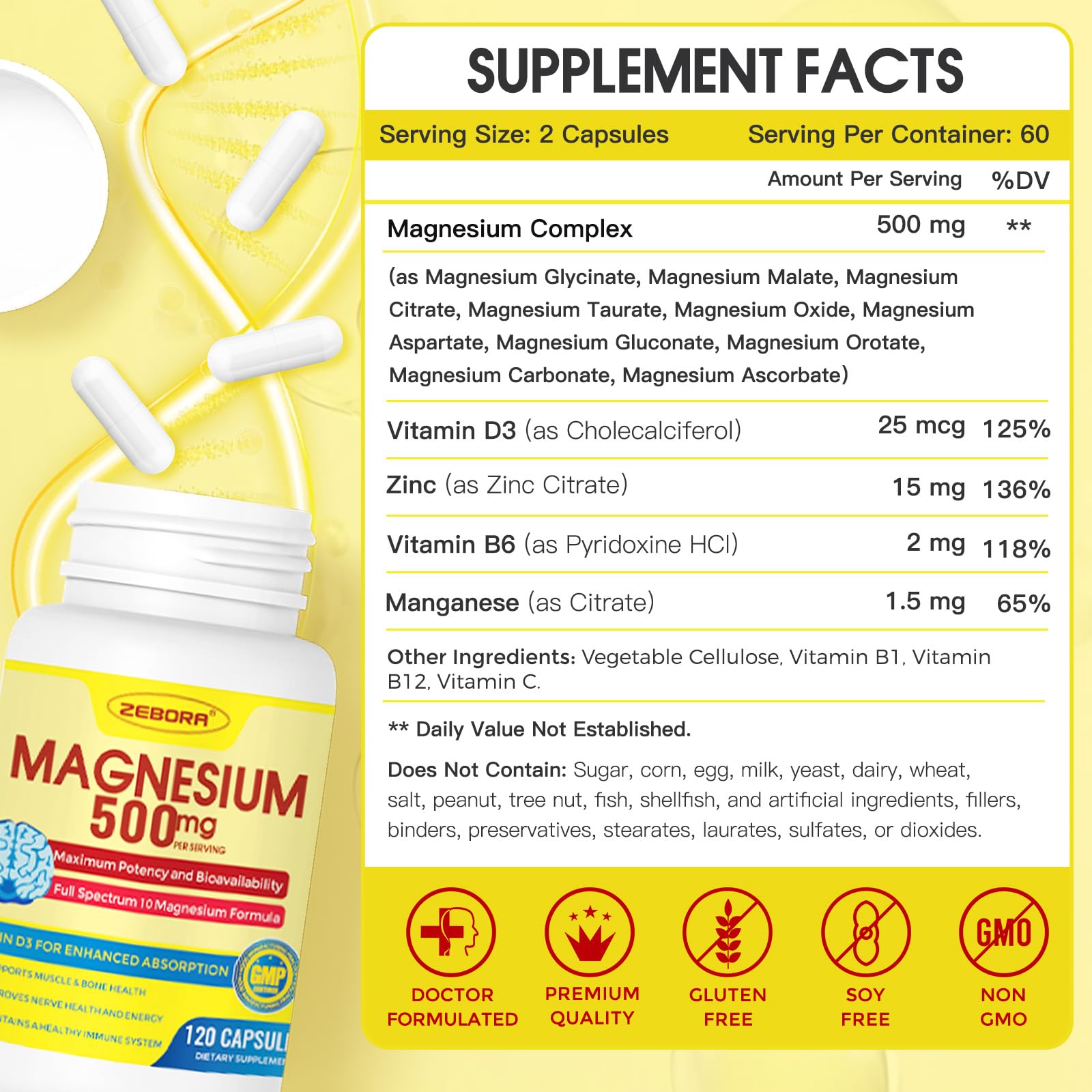 10-in-1 Magnesium Complex Supplement, Magnesium Glycinate 500mg with Citrate & Malate, Chelated High Absorption Plus Vitamin D3 & Zinc - for Nerve, Muscle & Bone Support - 120 Capsules ZEBORA buy supplements Au