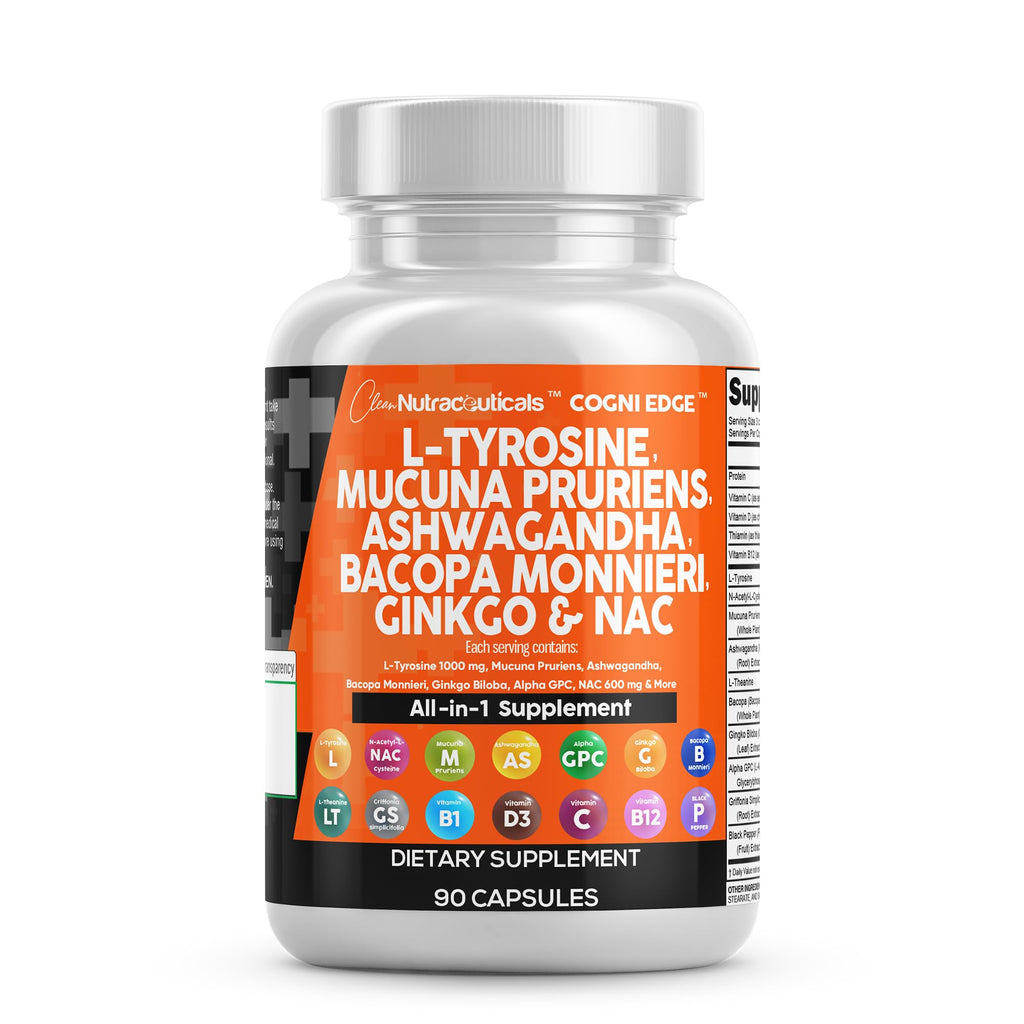 Clean Nutraceuticals L Tyrosine Mucuna Pruriens Bacopa Monnieri Ashwagandha Focus Supplement w/N-Acetyl Cysteine NAC 5-HTP Ginkgo Biloba Alpha GPC Vitamin C D B1 B12 Clean NutraceuticalsBuy Supplements Australia
