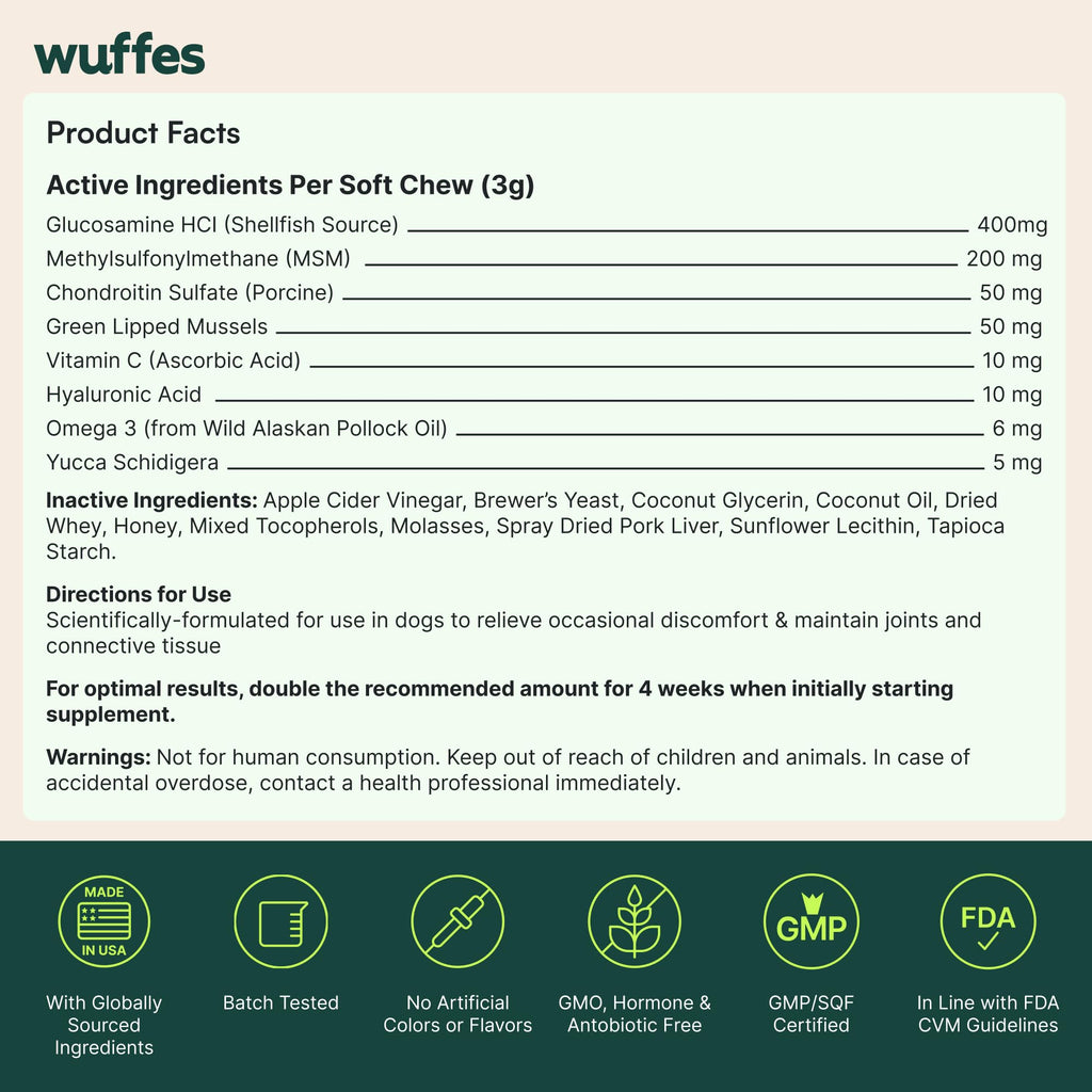 Wuffes Chewable Dog Hip & Joint Supplement - Glucosamine & Chondroitin Chews - Dog Joint Supplements & Vitamins - Extended Joint Care (Small&Medium Breeds (0-65 lbs), 180 Chews (Pack of 3)) WuffesBuy Supplements Australia
