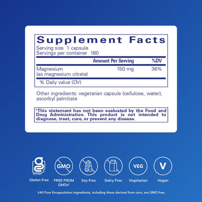Pure Encapsulations Magnesium (Citrate) - Supplement for Sleep, Heart Health, Cognitive Health, Bone Health, Energy, Muscles, and Metabolism* - with Premium Magnesium - 180 Capsules Pure Encapsulations buy supplements Au