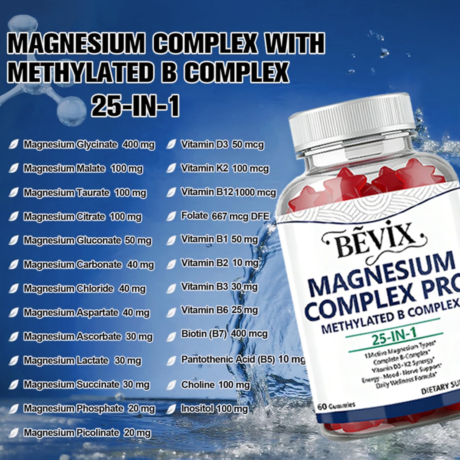 BEVIX Magnesium Complex Gummies with Methylated B Complex Magnesium Glycinate Citrate Malate Taurate Gluconate Aspartate Carbonate D3 K2, Magnesium for Relaxation Energy & Nerve, 60 Gummies BEVIX buy supplements Au