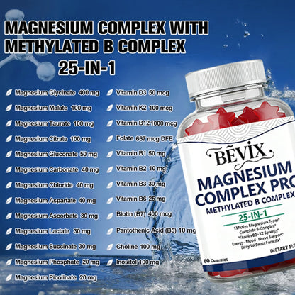 BEVIX Magnesium Complex Gummies with Methylated B Complex Magnesium Glycinate Citrate Malate Taurate Gluconate Aspartate Carbonate D3 K2, Magnesium for Relaxation Energy & Nerve, 60 Gummies BEVIX buy supplements Au