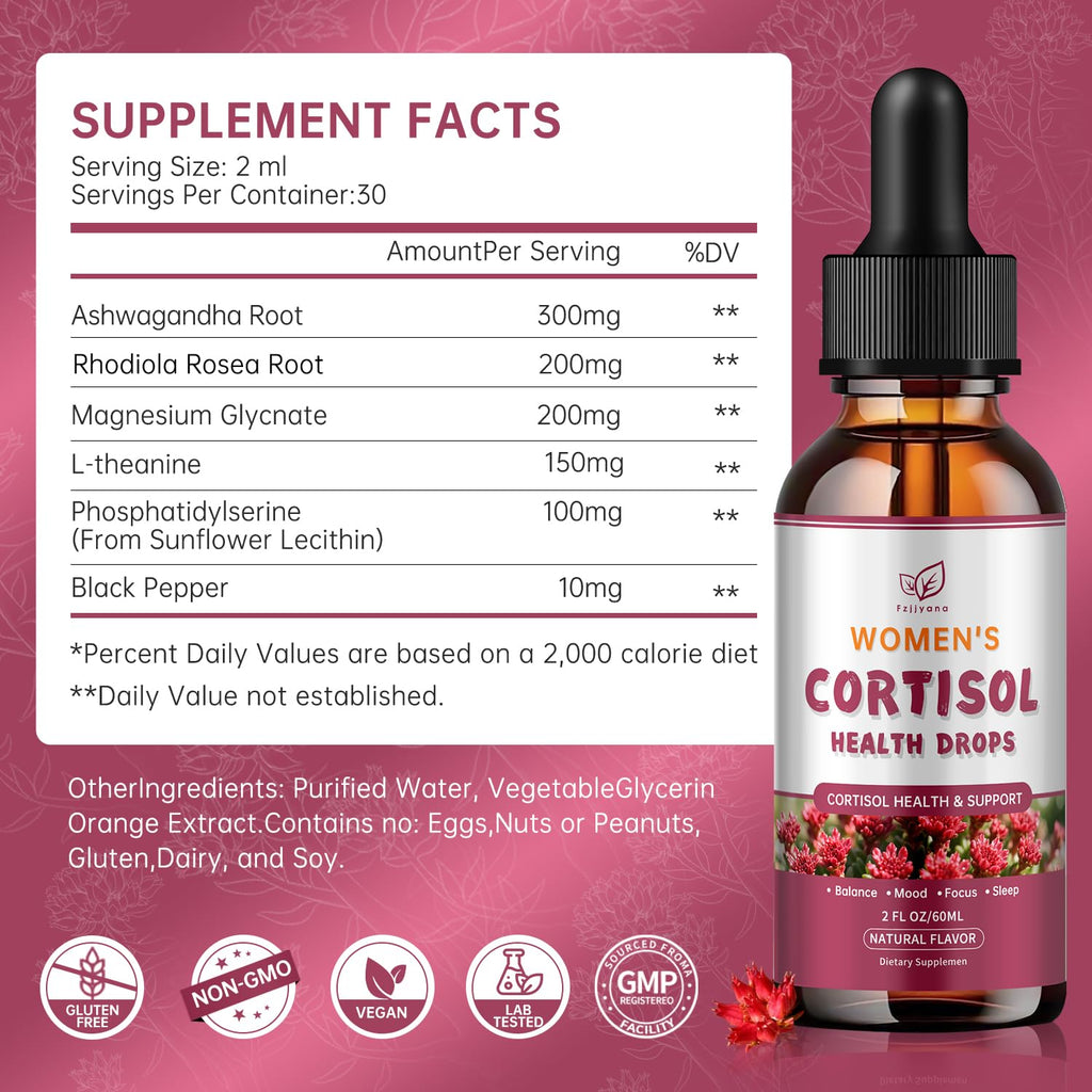 Cortisol Manager Liquid Drops, Cortisol Supplements for Women, with magnesium ashwagandha, rhodiola rosea,l-theanine,Phosphatidylserine-Promote Relaxation and Support Mood- 30 Day Vegan Supply Fzjjyana buy supplements Au