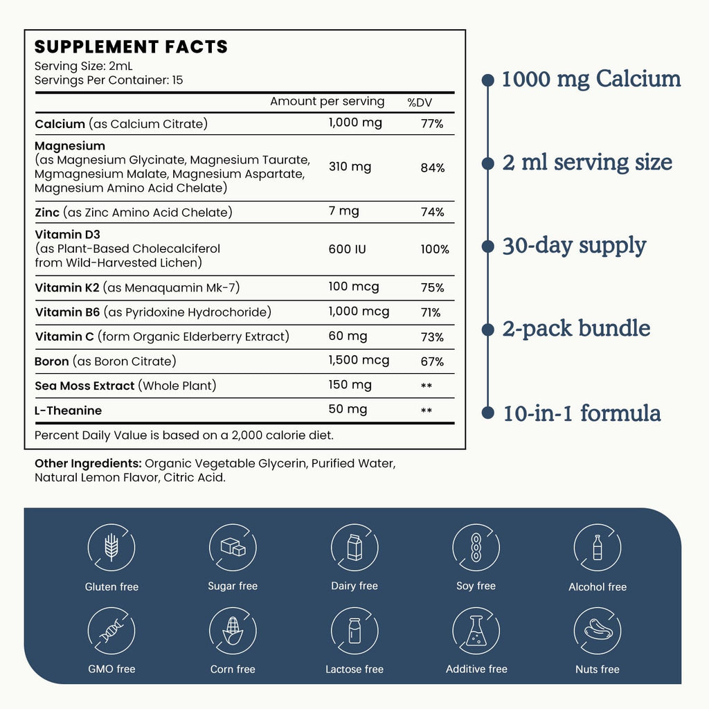 (2 Pack) 10 in 1 Magnesium Calcium Zinc Supplement with Vitamin C D3 K2, Glycinate Mag Vegan Liquid Drops Plus L-Theanine Boron Sea Moss Extract, Immune Support