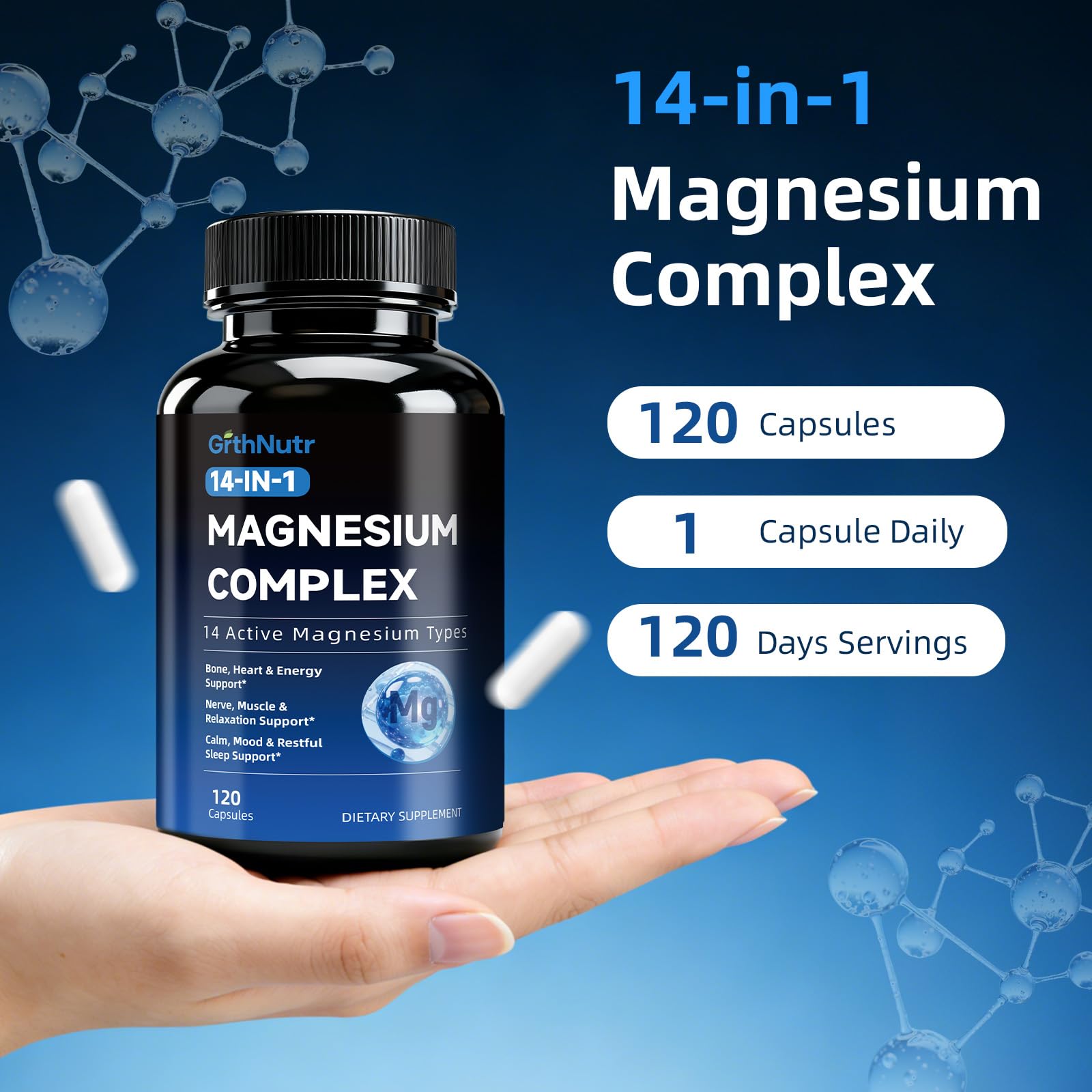 14-in-1 Magnesium Complex Supplement, 1200mg Elemental Magnesium Glycinate, Citrate, Malate, Taurate - Magnesium Complex for Women Nerves, Bone & Heart Health | Non-GMO GrthNutr buy supplements Au