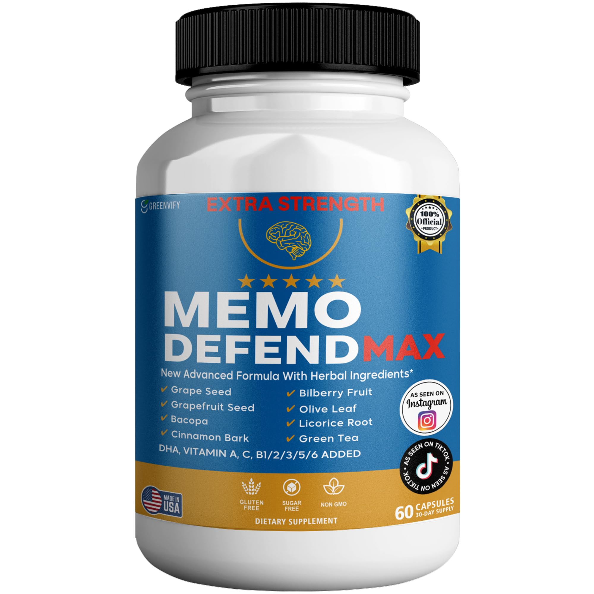 Supplement bottle labeled 'Memo Defend Max' with various ingredients listed on a white background