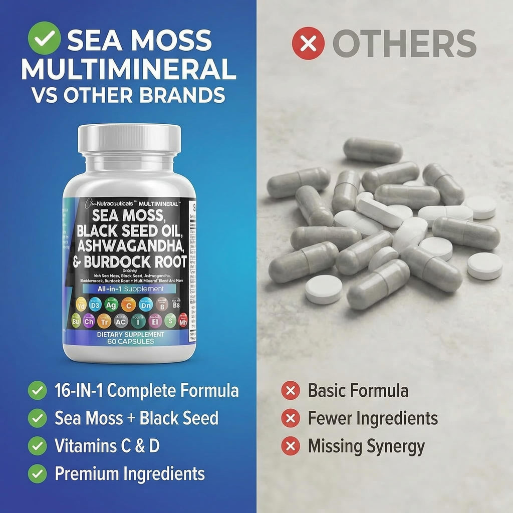 Clean Nutraceuticals Sea Moss Black Seed Oil Ashwagandha Turmeric Bladderwrack Burdock & Vitamin C Vitamin D3 with Elderberry Manuka Dandelion Yellow Dock Iodine Chlorophyll ACV Clean NutraceuticalsBuy Supplements Australia
