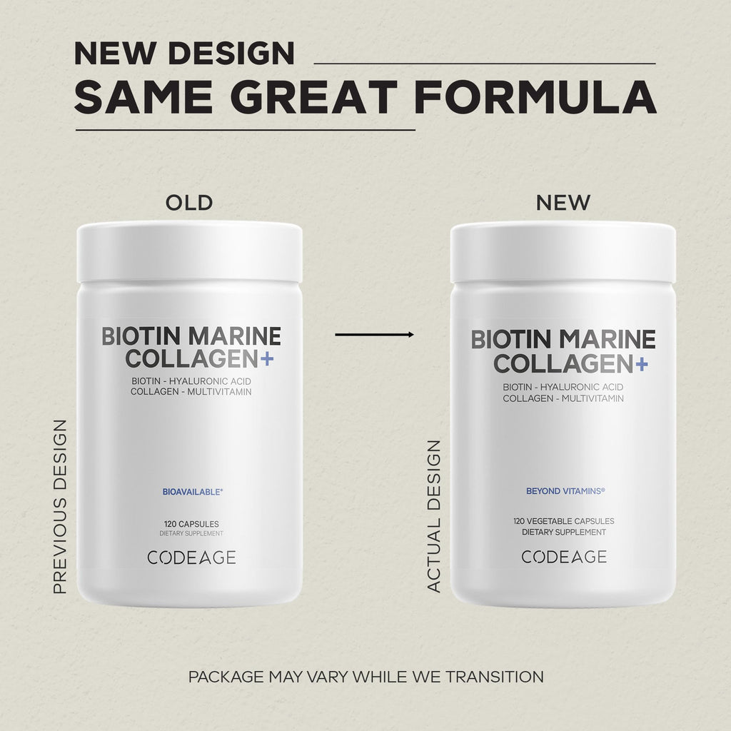 Codeage Biotin Marine Collagen Peptides - Wild-Caught Marine Collagen Types I & III, Biotin, Vitamins C & E, Hyaluronic Acid, Amino Acids, Fruit and Herb Blend, Non-GMO - 120 Capsules CodeageBuy Supplements Australia