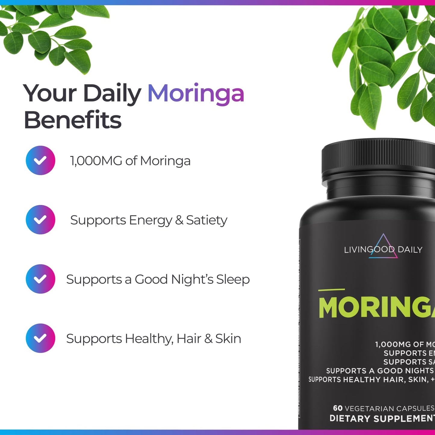 Livingood Daily Moringa Capsules, Moringa Supplement for Energy, Sleep, Satiety, Hair, Skin, Nails & Wellness, Plant Based Vegetarian, Gluten Free, Non GMO, Vegan, Daily Greens Superfood, 60 Capsules Livingood Daily buy supplements Au