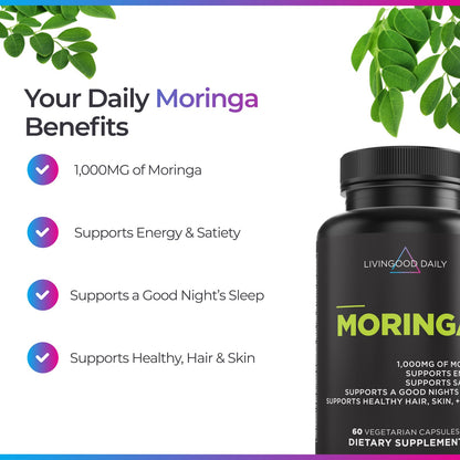 Livingood Daily Moringa Capsules, Moringa Supplement for Energy, Sleep, Satiety, Hair, Skin, Nails & Wellness, Plant Based Vegetarian, Gluten Free, Non GMO, Vegan, Daily Greens Superfood, 60 Capsules Livingood Daily buy supplements Au