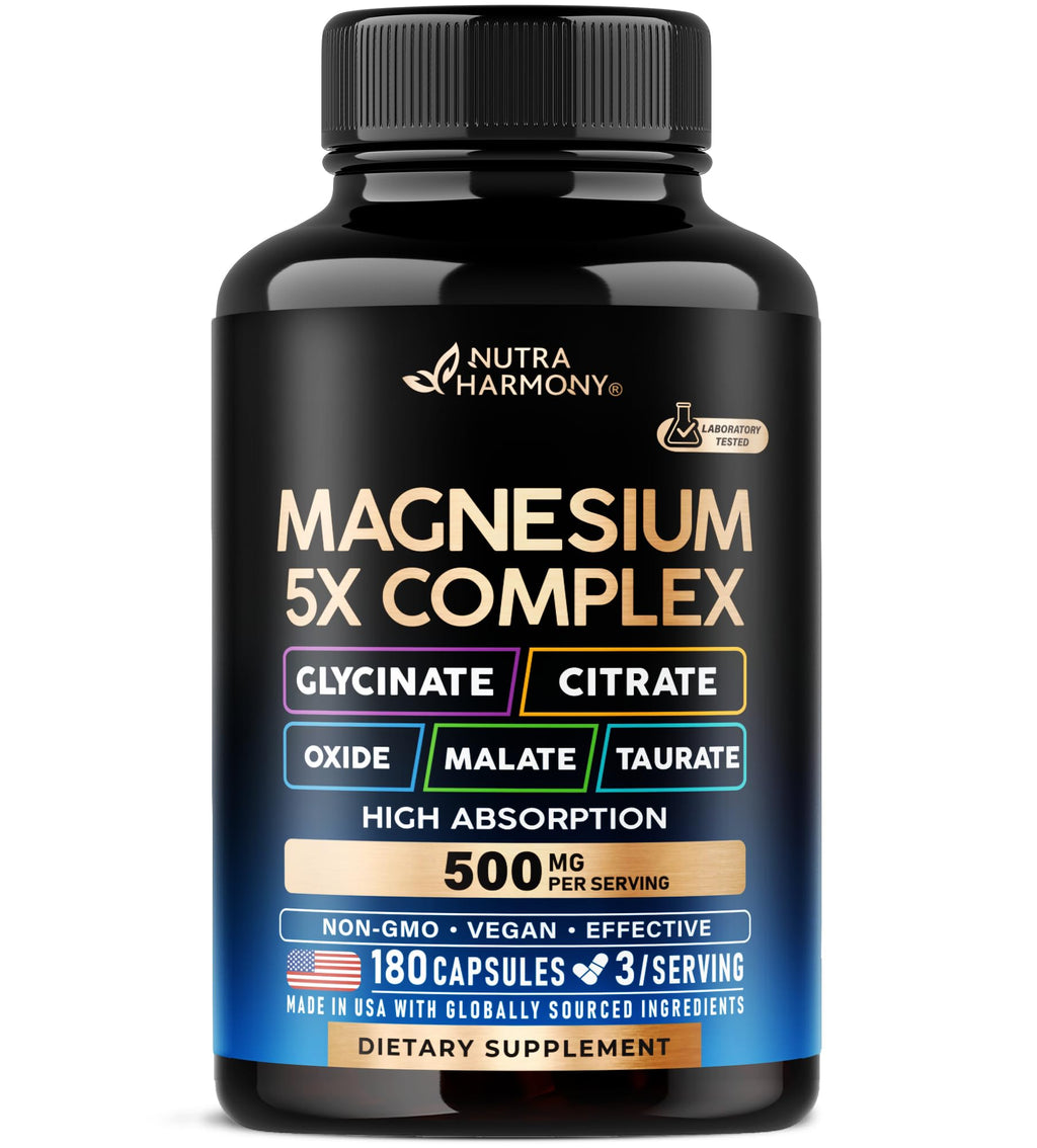 Supplement bottle labeled 'Magnesium 5X Complex' by Nutra Harmony on a white background
