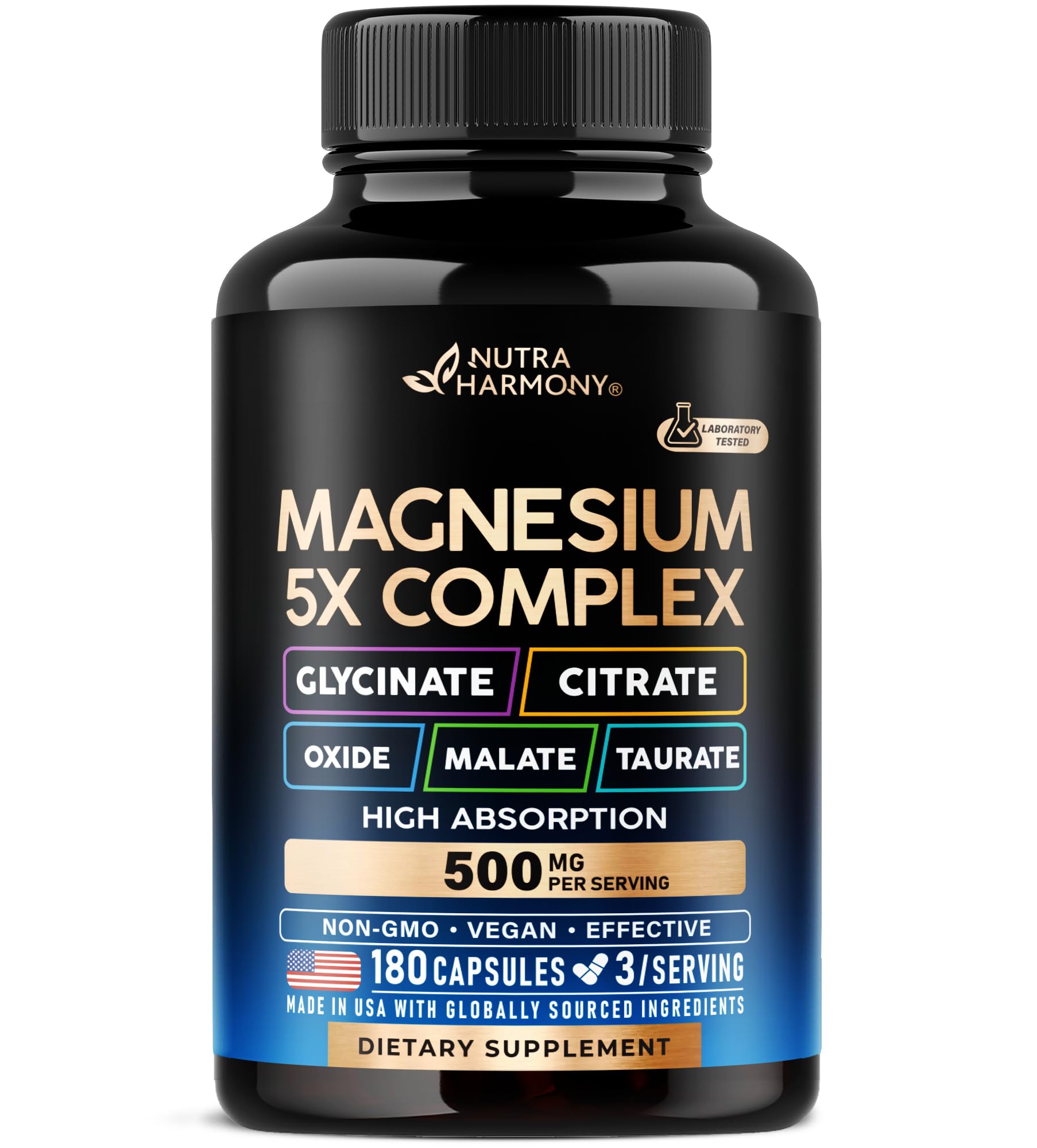 Supplement bottle labeled 'Magnesium 5X Complex' by Nutra Harmony on a white background