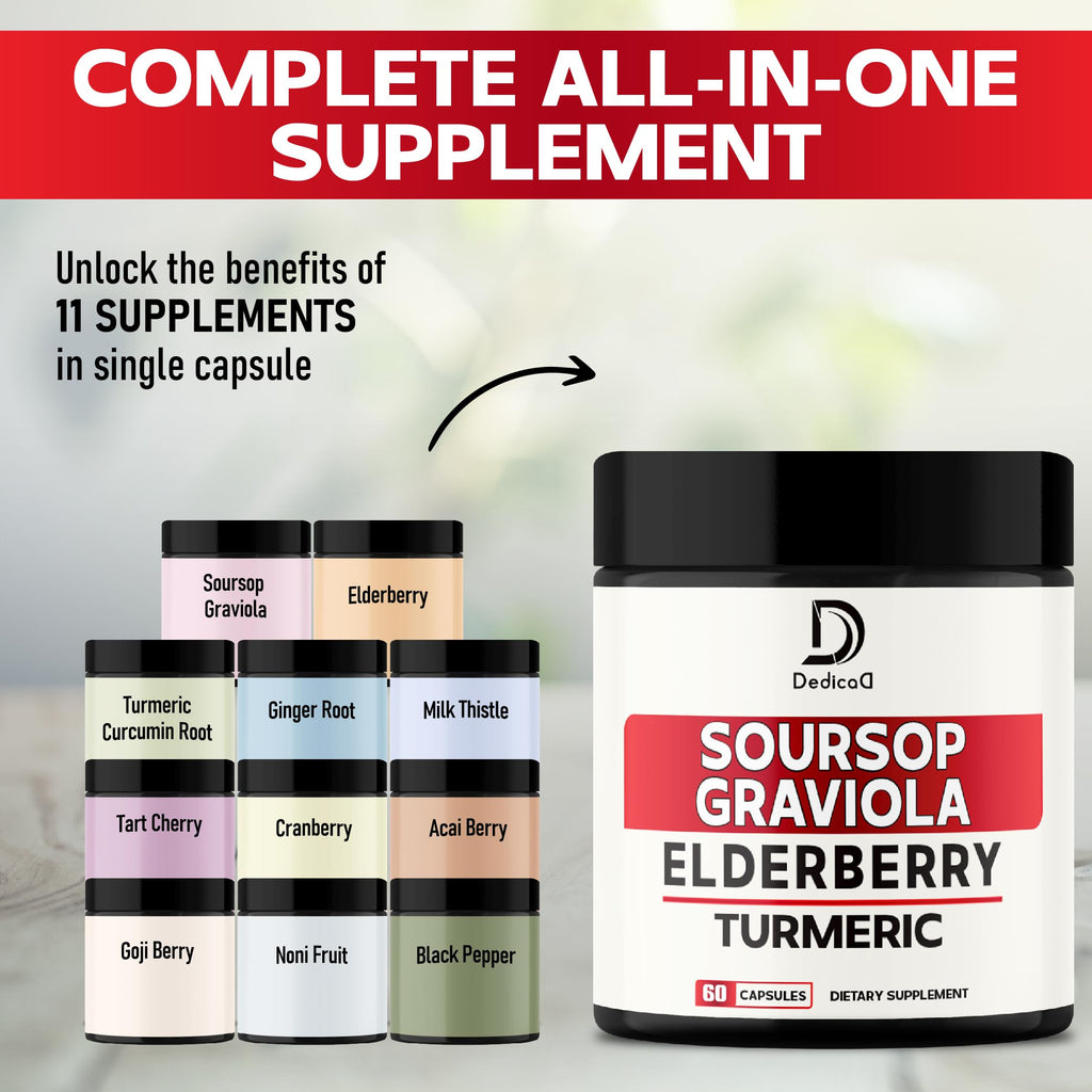 DEDICAD 11in1 Graviola Soursop Capsules - Blended with Elderberry, Turmeric, Ginger, Milk Thistle, Cranberry & More - Support Positive Mood, Immune System & Body Management DEDICAD buy supplements Au