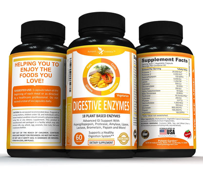 Potent Garden Digestive Enzymes -18 Plant Based Enzymes with amylase lipase bromelain Protease lactase & Other Enzymes - One Pre Meal Pill Supports Healthy