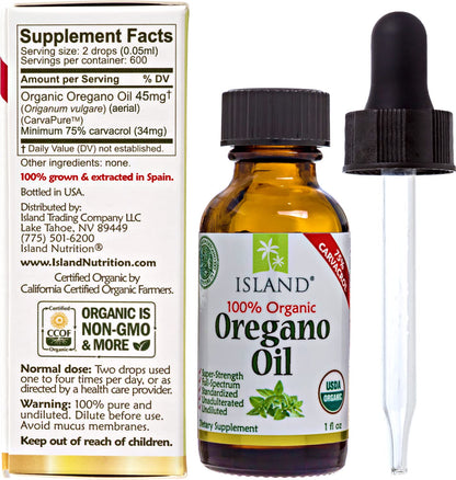 Island Nutrition, Oregano Oil Organic Liquid Drops - 100% Pure & Undiluted - USDA-Certified Organic (1 oz) 75% Carvacrol