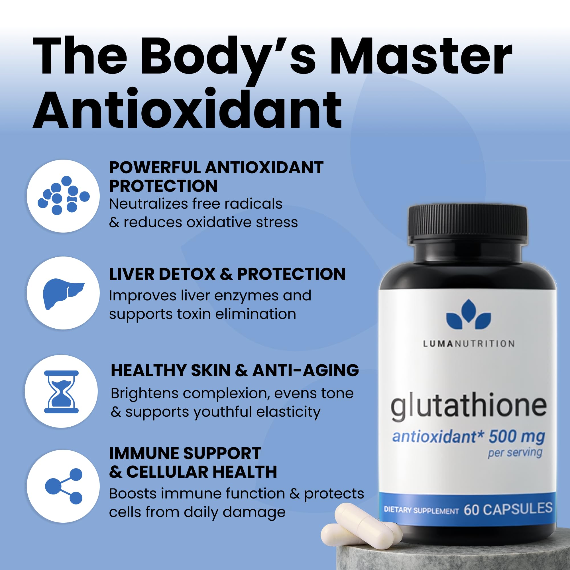 Luma Nutrition Premium Glutathione Supplement - 500mg - L-Glutathione - Antioxidant Support
