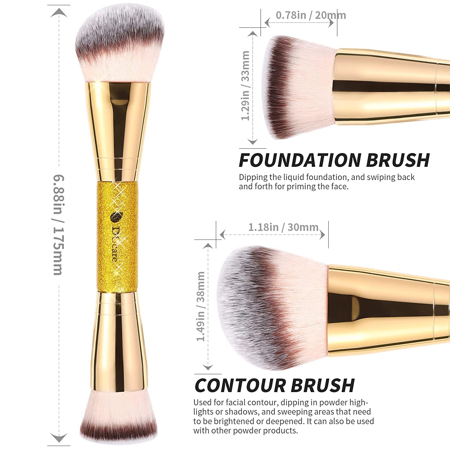 DUcare Dual End Foundation Contour Bronzer Brush, Gold Glitter Handle Double Ended Professional Face Makeup Tool for Liquid Cream Powder DUcareBuy Supplements Australia