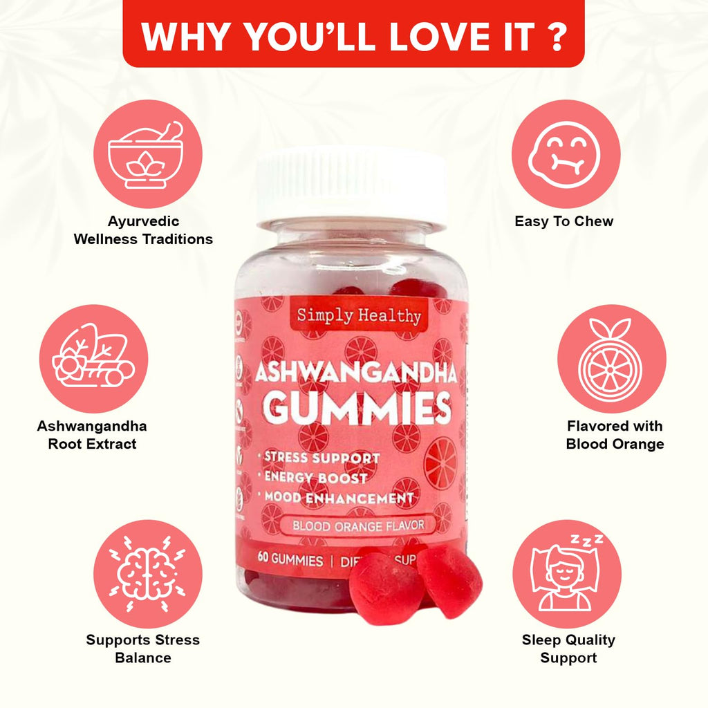 Simply Healthy Premium Ashwagandha Gummies, Stress Support with Blood Orange Flavor, Vegan, Easy to Chew, Daily Aid, Energy Booster, Mood Enhancer, for Both Men and Women, 60 Gummies Simply Healthy buy supplements Au