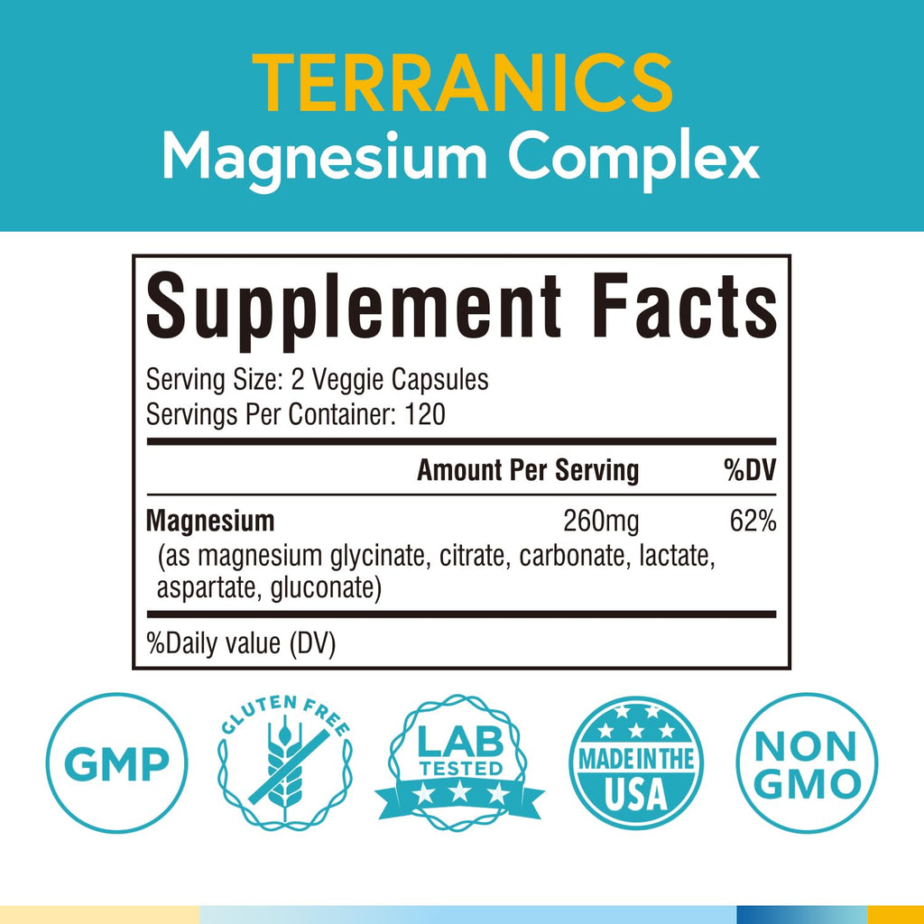 Terranics Magnesium Complex, 6-in-1, High Absorption, Glycinate, Citrate, Aspartate, Gluconate, Calmness, Heart, Bone, 240 Capsules, Non-Buffered Terranics buy supplements Au