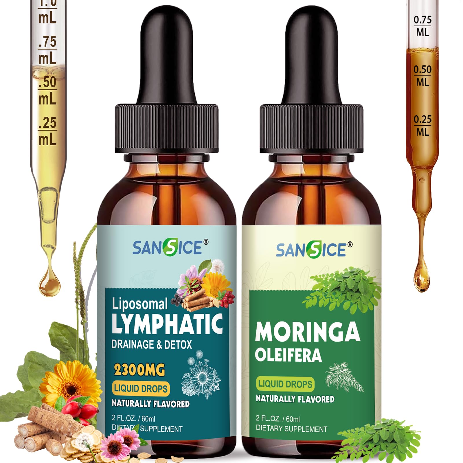 Two bottles of Sansice liquid supplements with droppers on a white background
