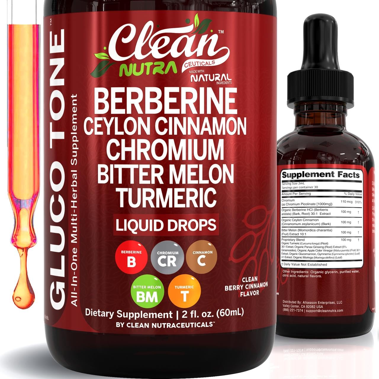 Supplement bottle labeled 'Clean Nutra' with liquid drops on a white background